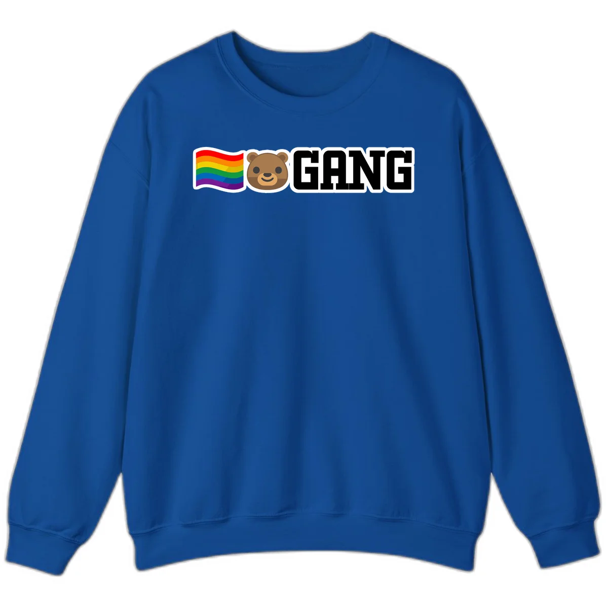 Bear gang pride design with rainbow flag, smiling bear face, and bold GANG text on gray background in Royal