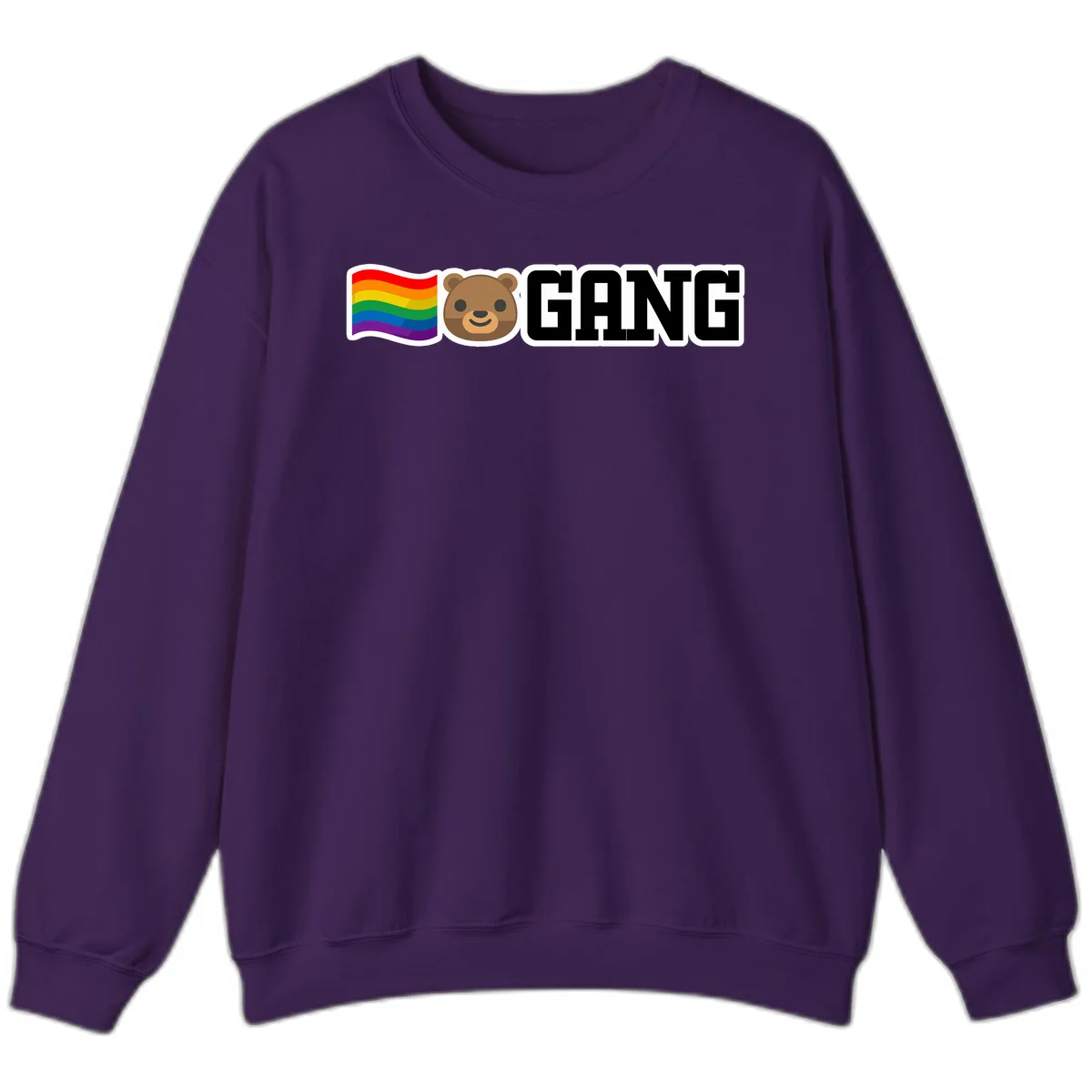 Bear gang pride design with rainbow flag, smiling bear face, and bold GANG text on gray background in Purple
