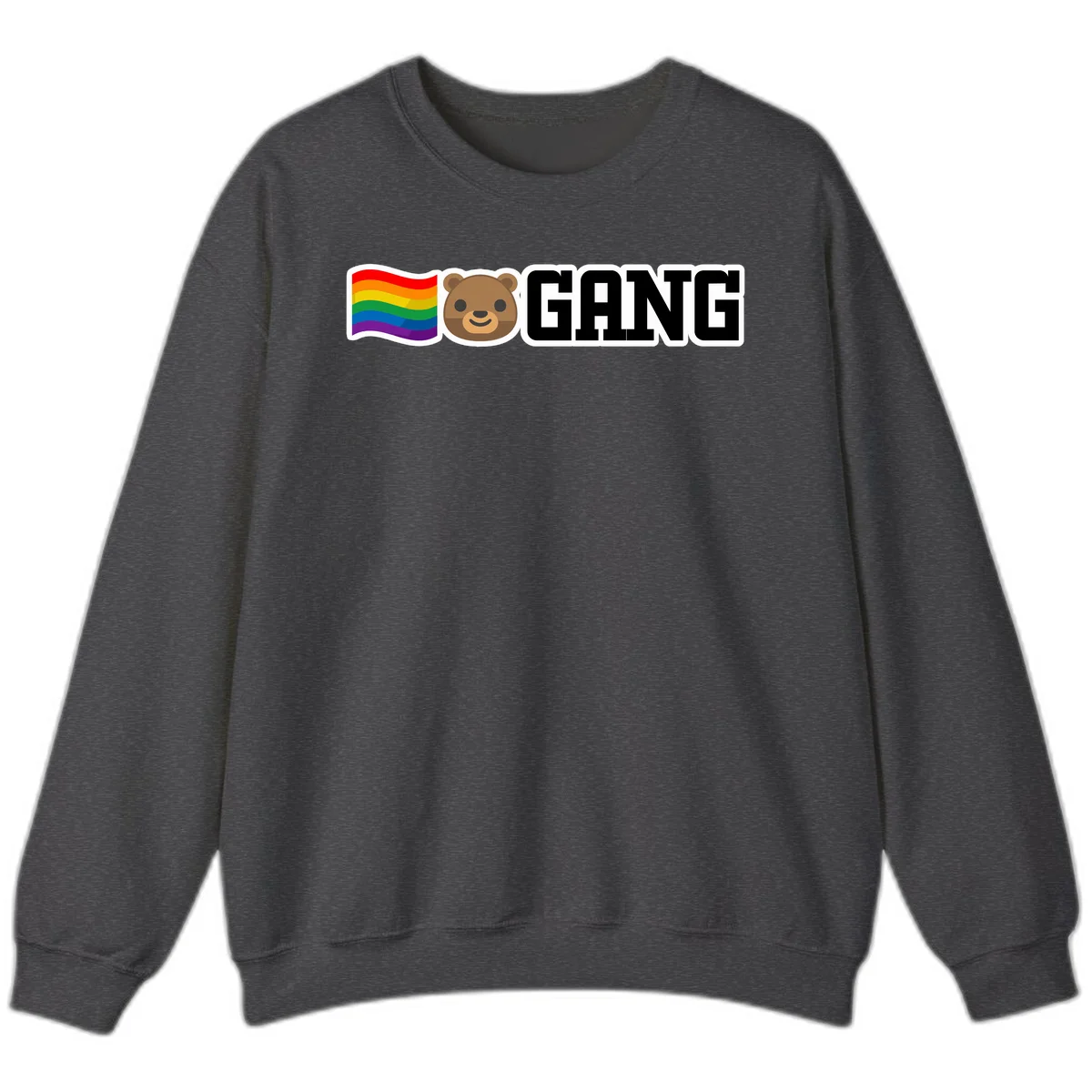 Bear gang pride design with rainbow flag, smiling bear face, and bold GANG text on gray background in Dark Heather