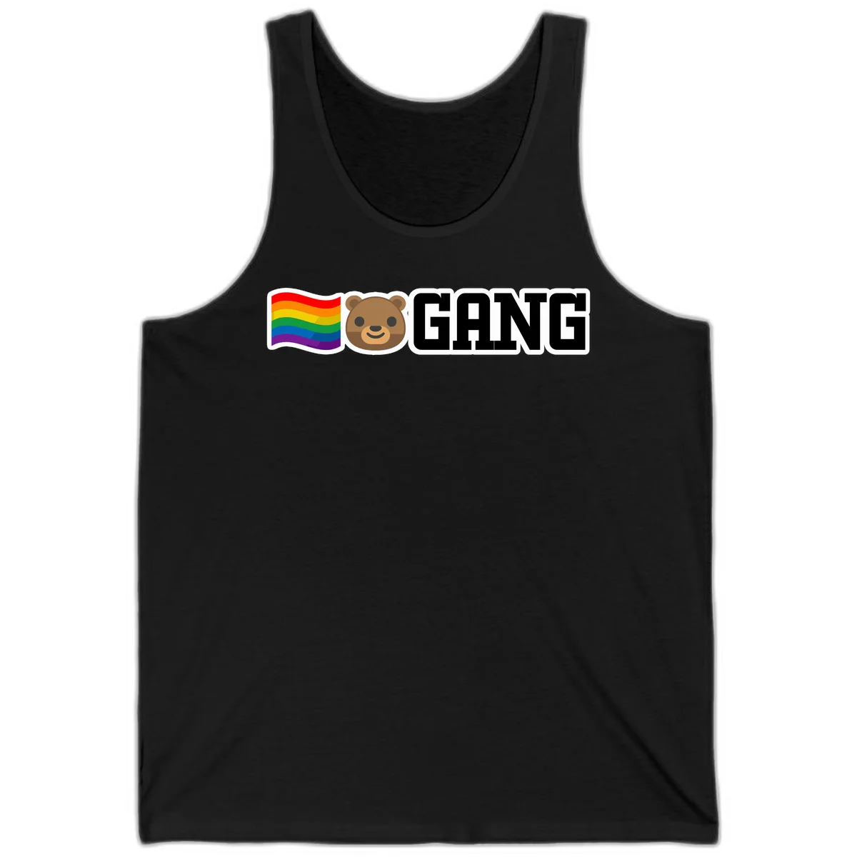 Bear gang pride design with rainbow flag, smiling bear face, and bold GANG text on gray background in Black