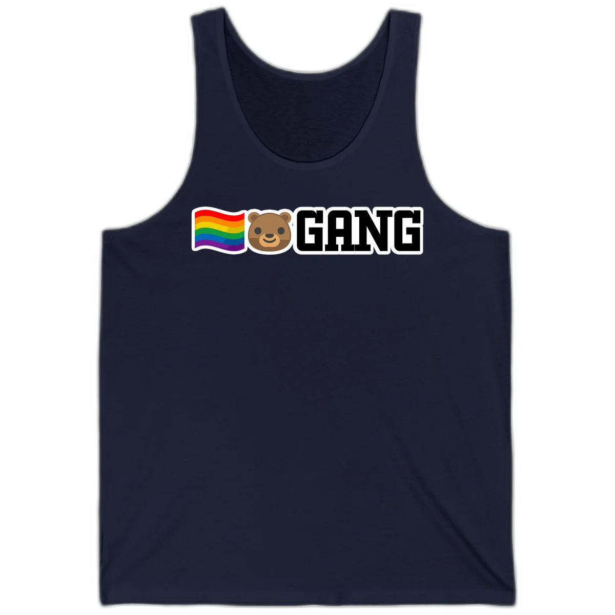 Bear gang pride design with rainbow flag, smiling bear face, and bold GANG text on gray background in Navy