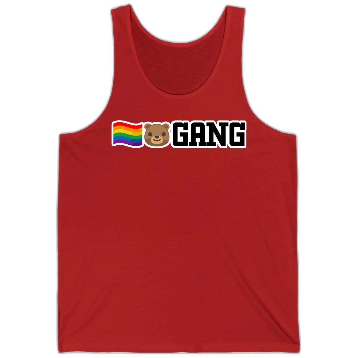 Bear gang pride design with rainbow flag, smiling bear face, and bold GANG text on gray background in Red
