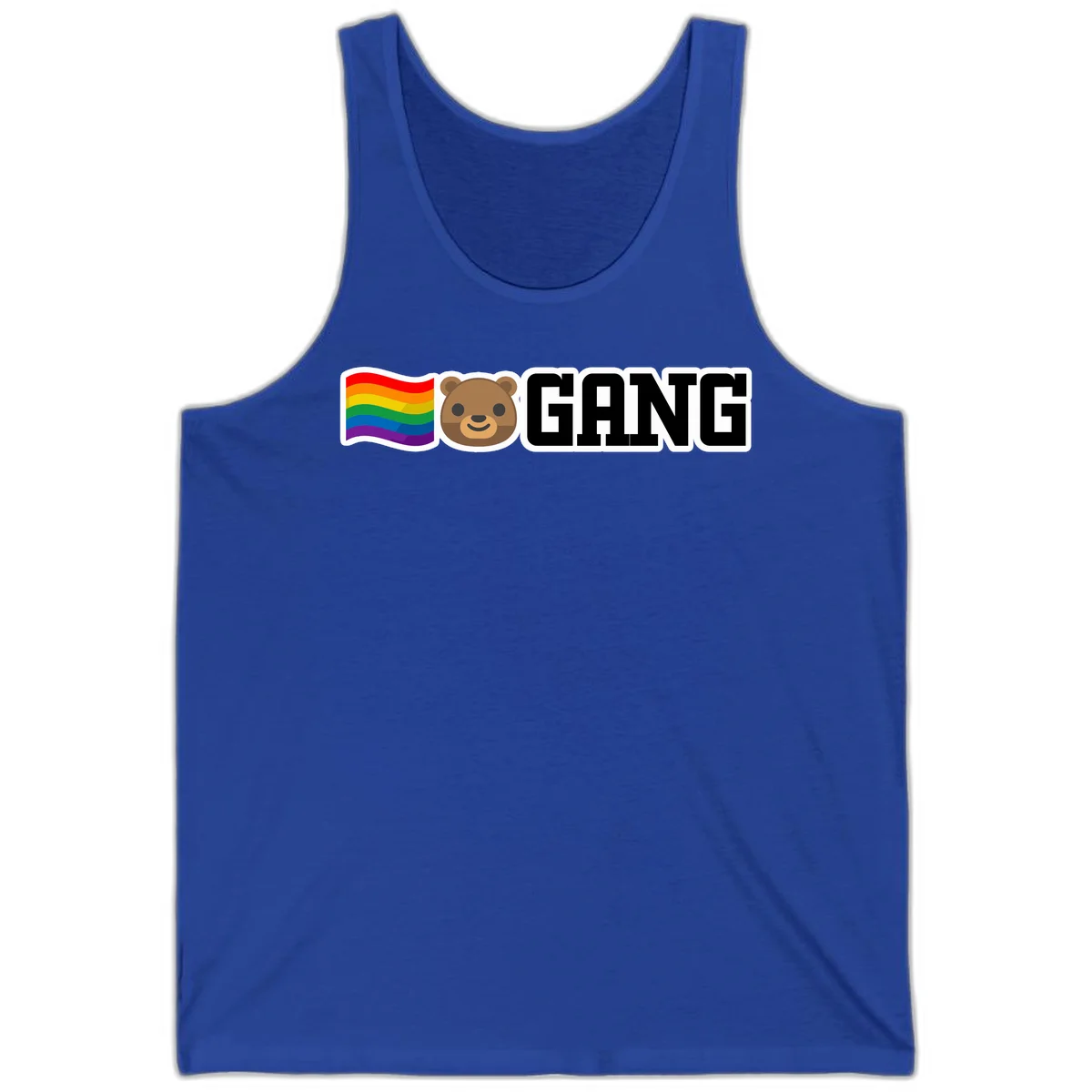 Bear gang pride design with rainbow flag, smiling bear face, and bold GANG text on gray background in True Royal