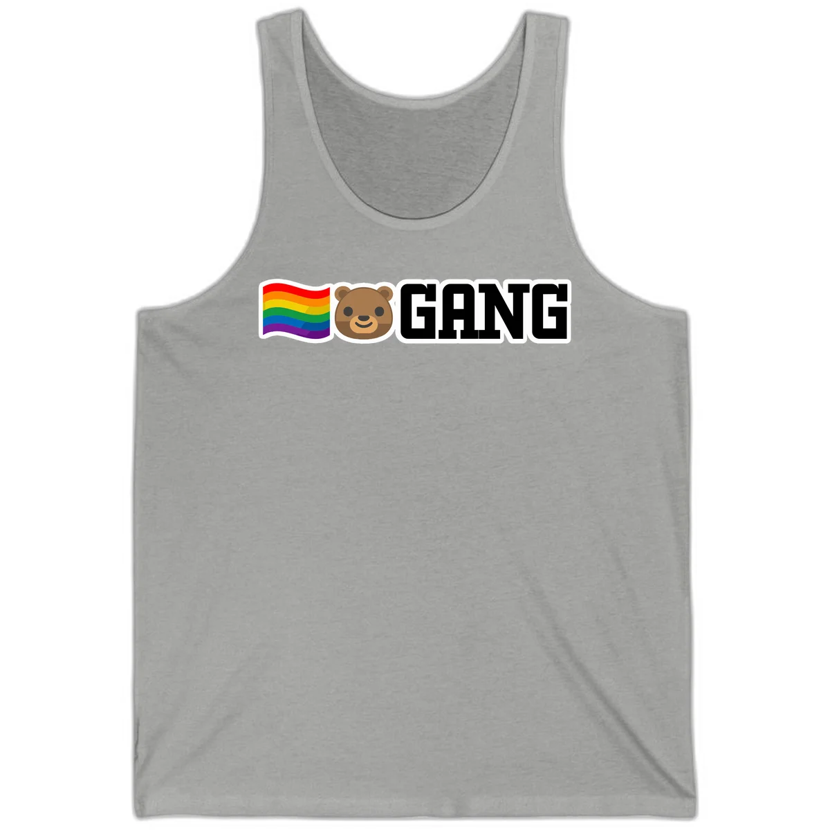 Bear gang pride design with rainbow flag, smiling bear face, and bold GANG text on gray background in Athletic Heather
