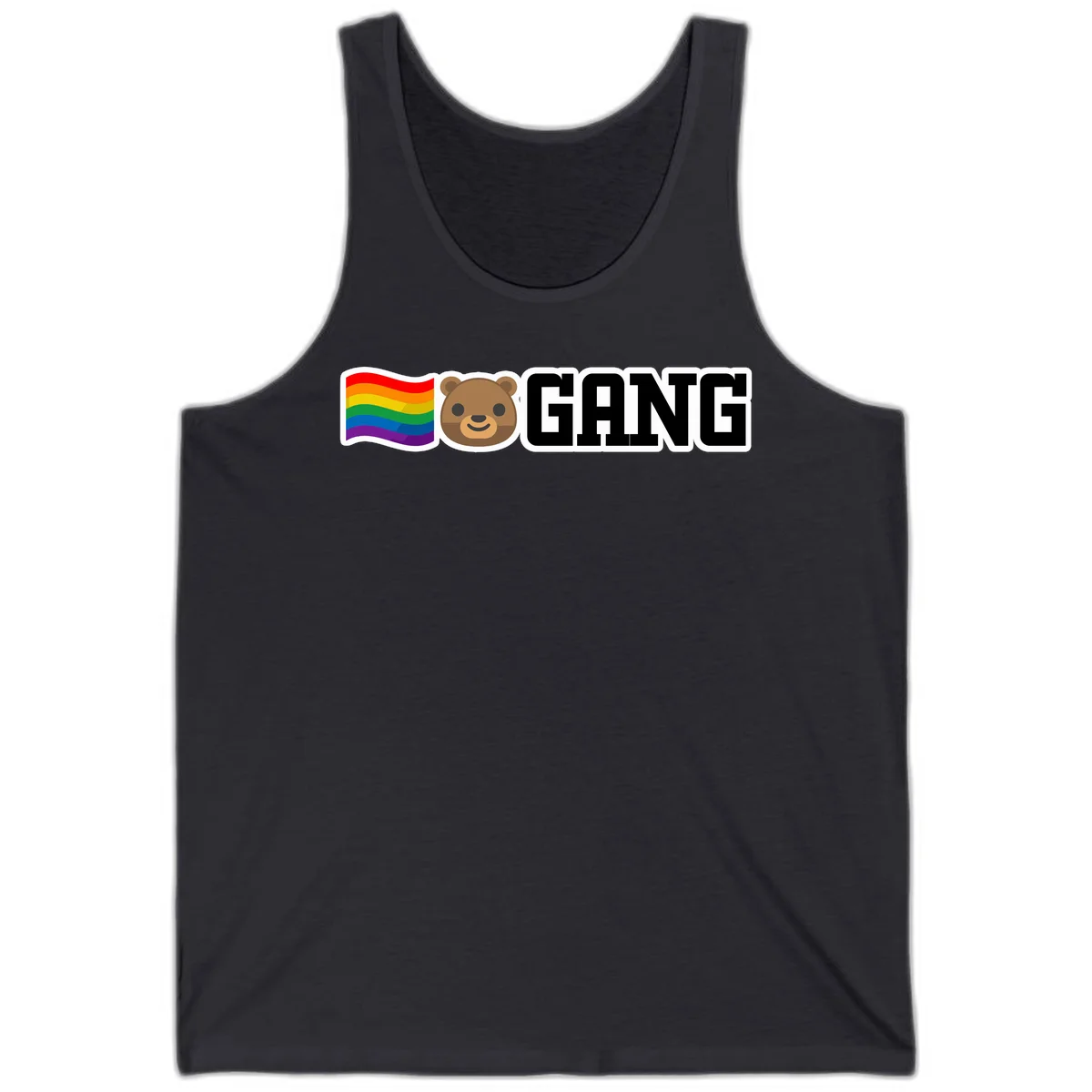 Bear gang pride design with rainbow flag, smiling bear face, and bold GANG text on gray background in Dark Grey