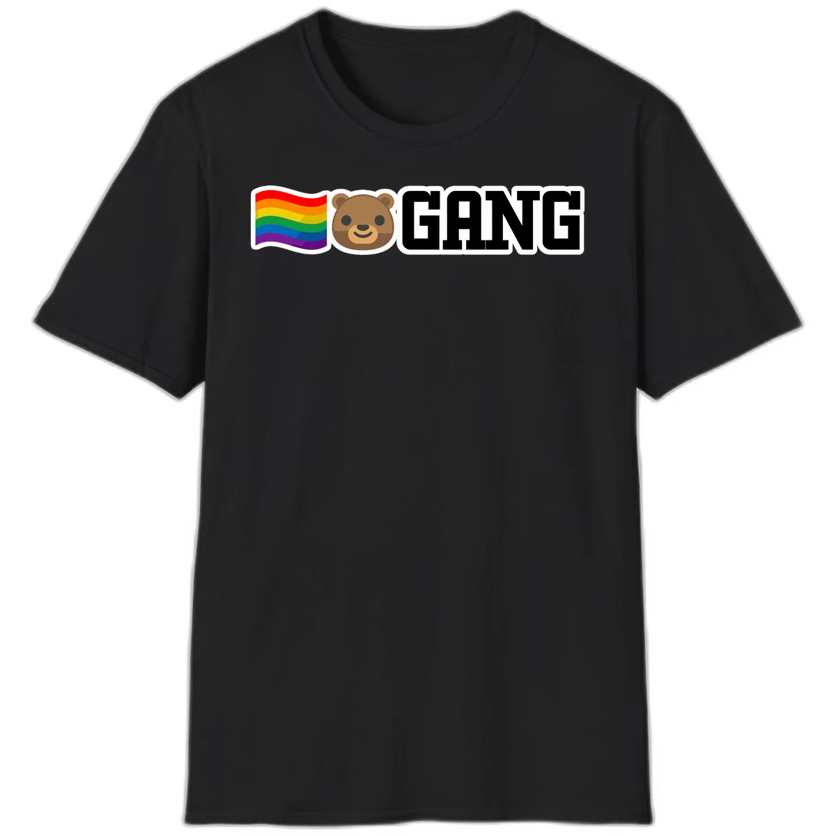 Bear gang pride design with rainbow flag, smiling bear face, and bold GANG text on gray background in Black