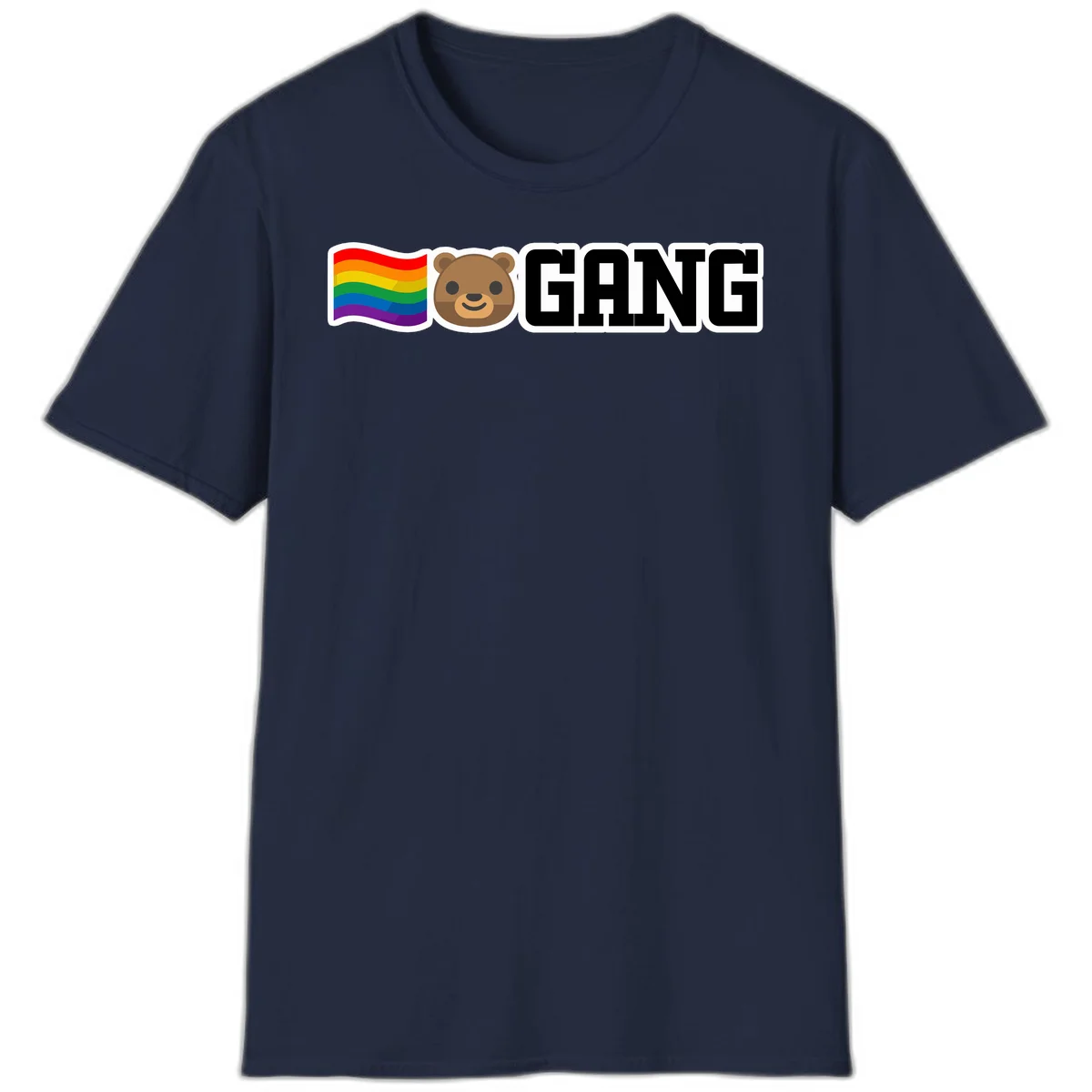 Bear gang pride design with rainbow flag, smiling bear face, and bold GANG text on gray background in Navy