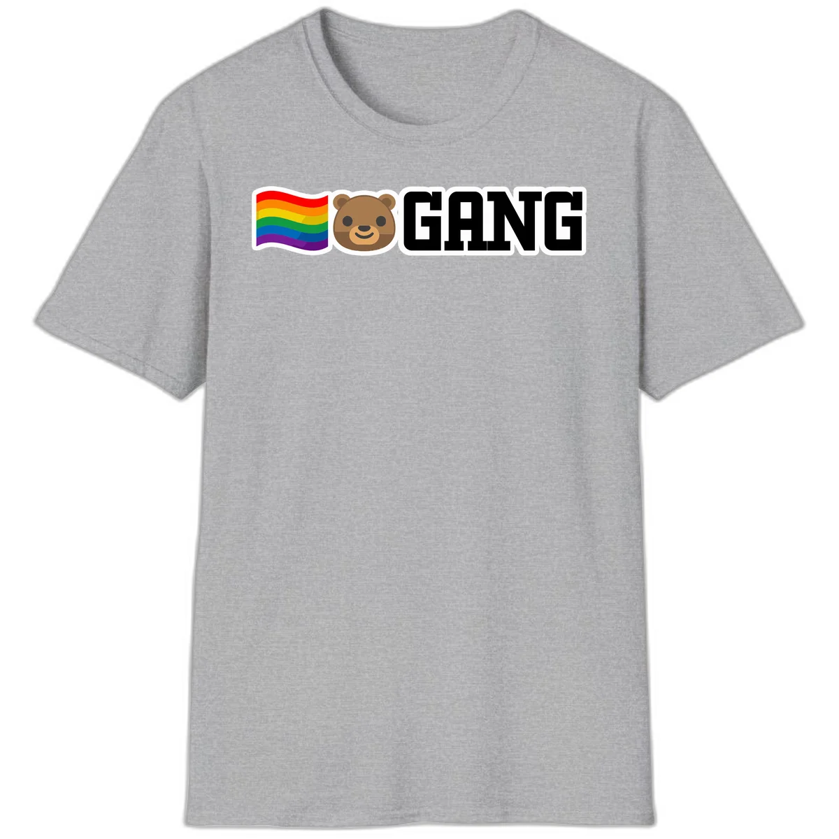 Bear gang pride design with rainbow flag, smiling bear face, and bold GANG text on gray background in Sport Grey