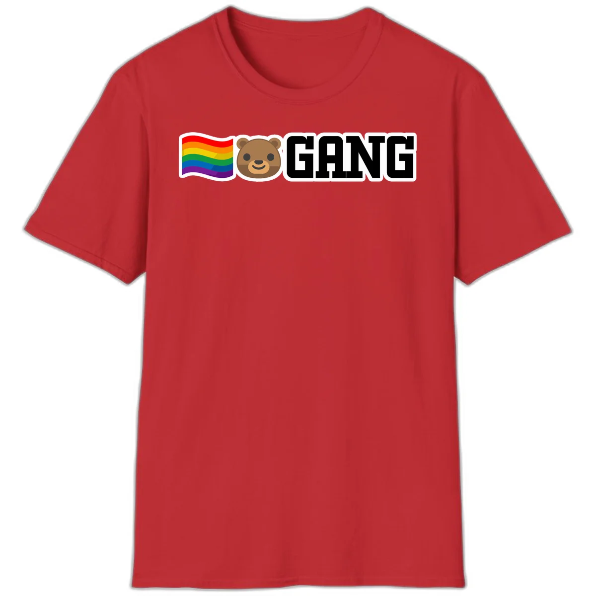 Bear gang pride design with rainbow flag, smiling bear face, and bold GANG text on gray background in Red