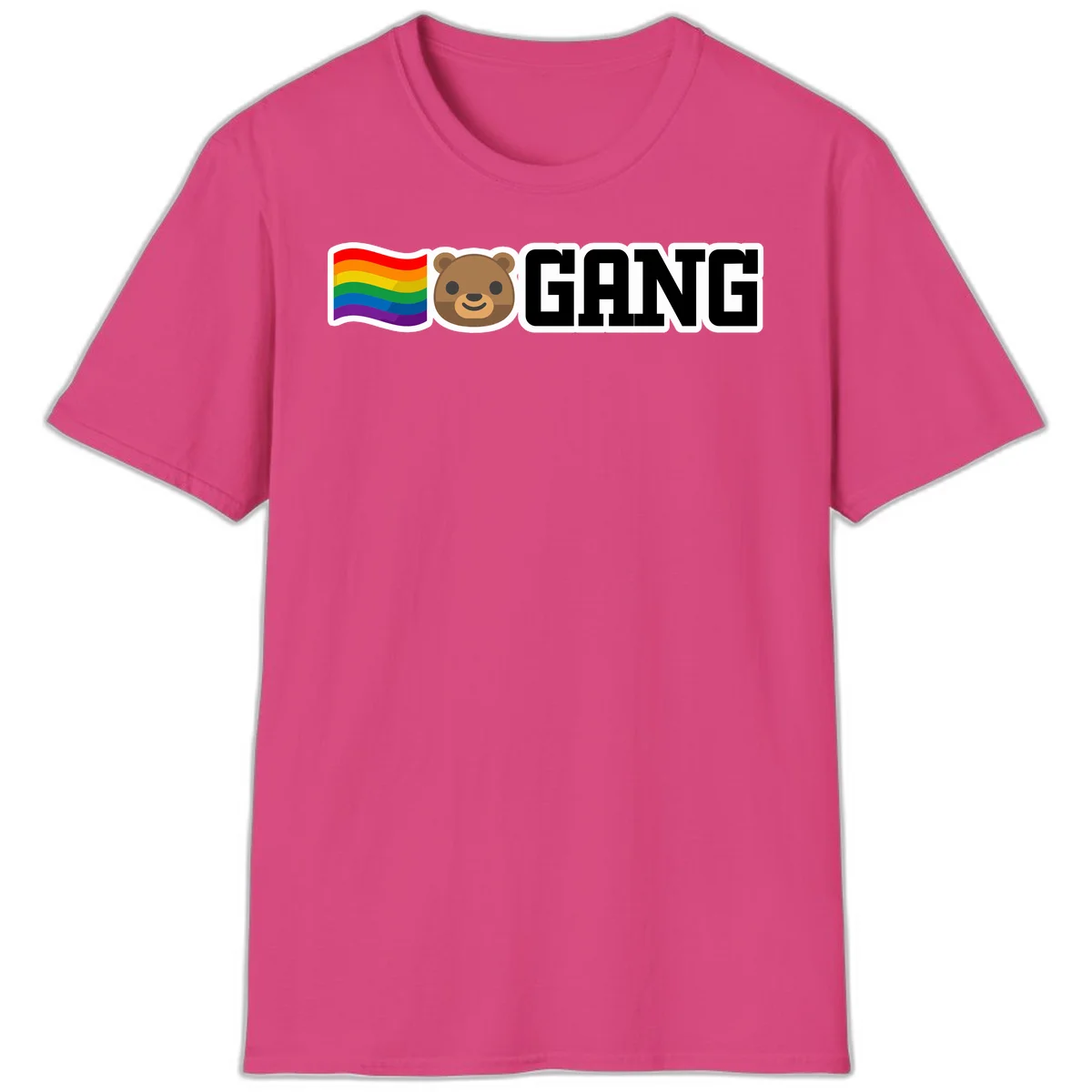 Bear gang pride design with rainbow flag, smiling bear face, and bold GANG text on gray background in Heliconia