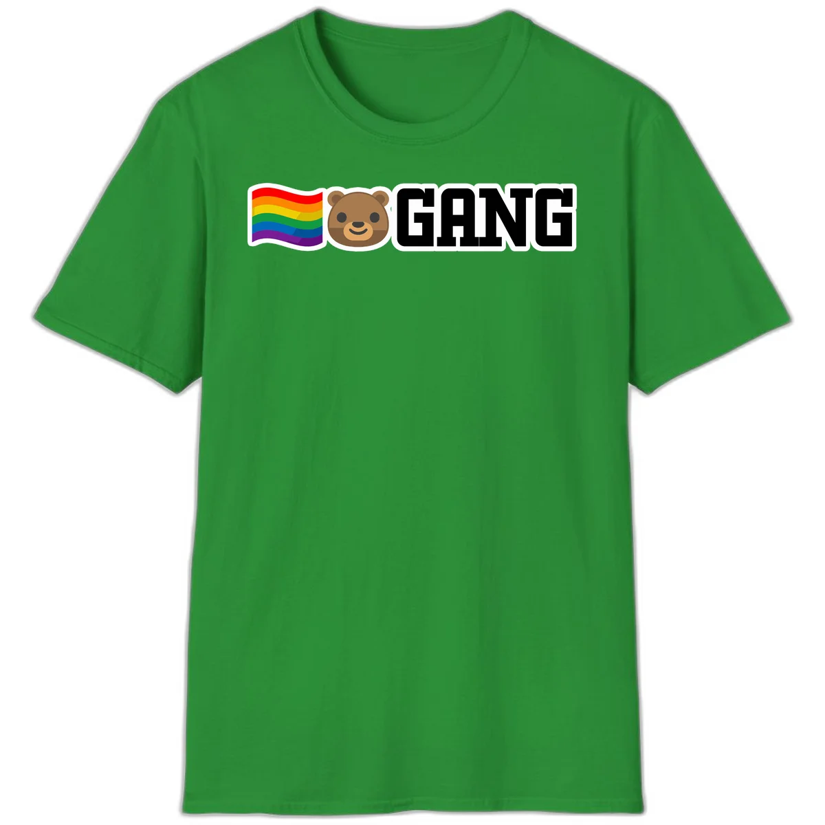 Bear gang pride design with rainbow flag, smiling bear face, and bold GANG text on gray background in Irish Green