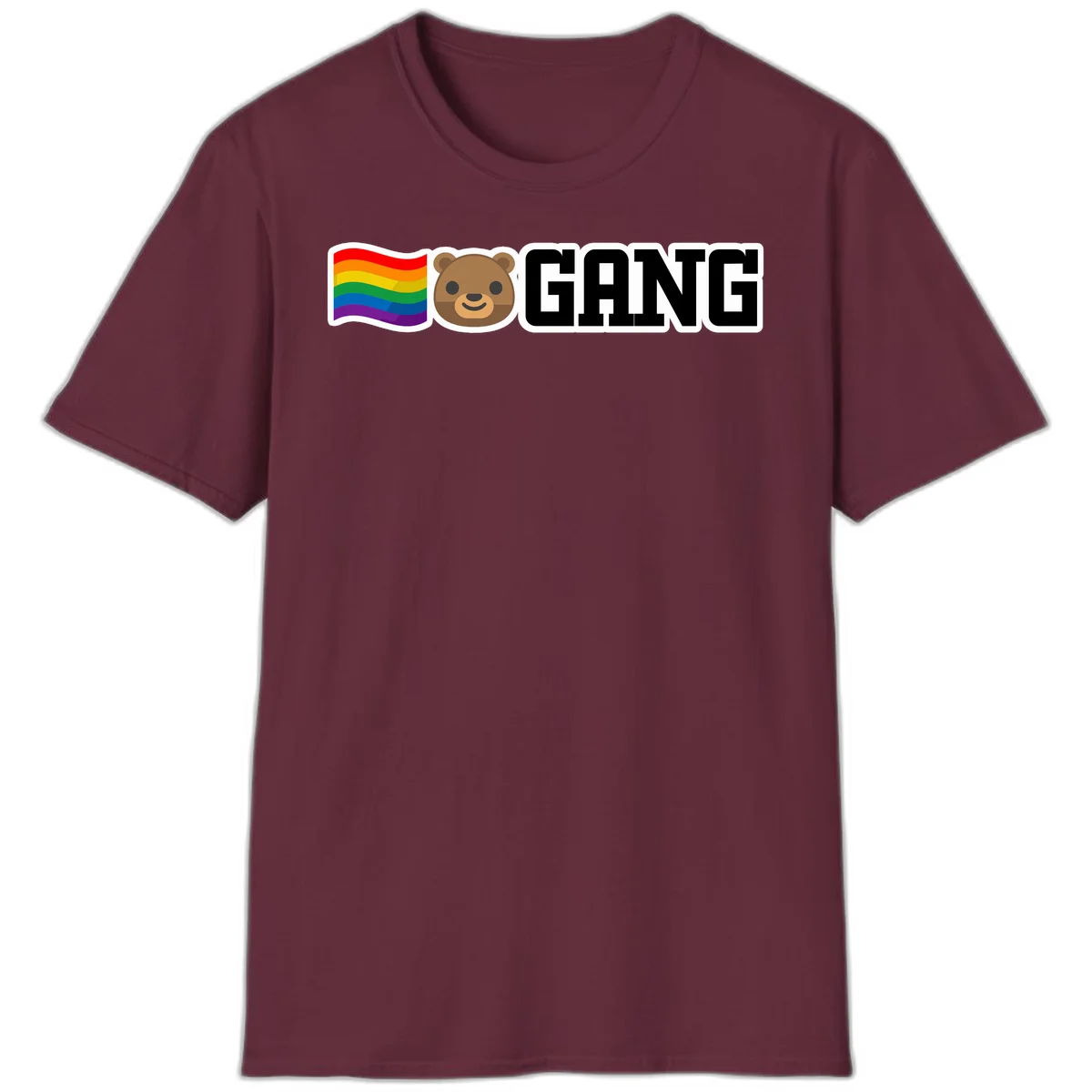 Bear gang pride design with rainbow flag, smiling bear face, and bold GANG text on gray background in Maroon