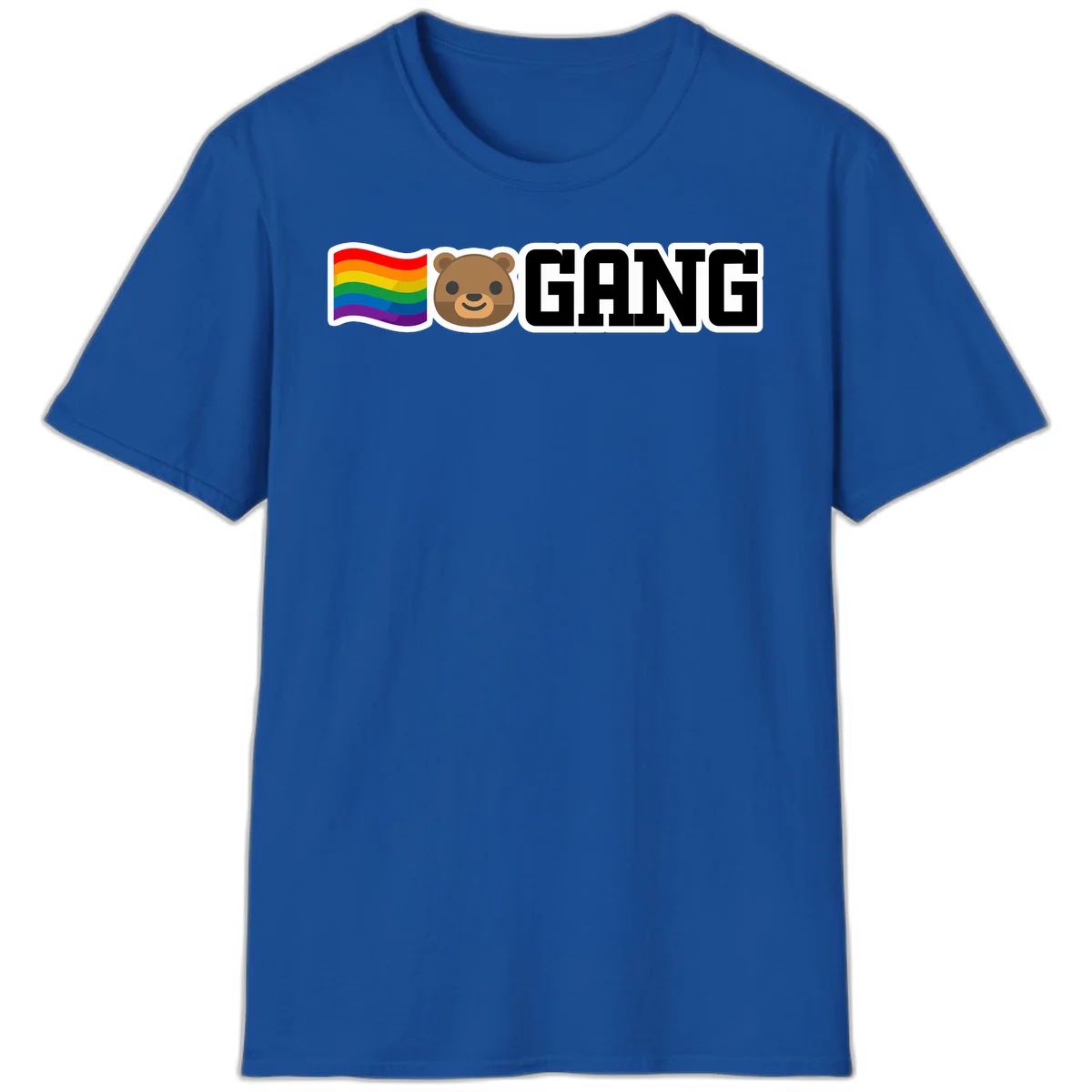 Bear gang pride design with rainbow flag, smiling bear face, and bold GANG text on gray background in Royal
