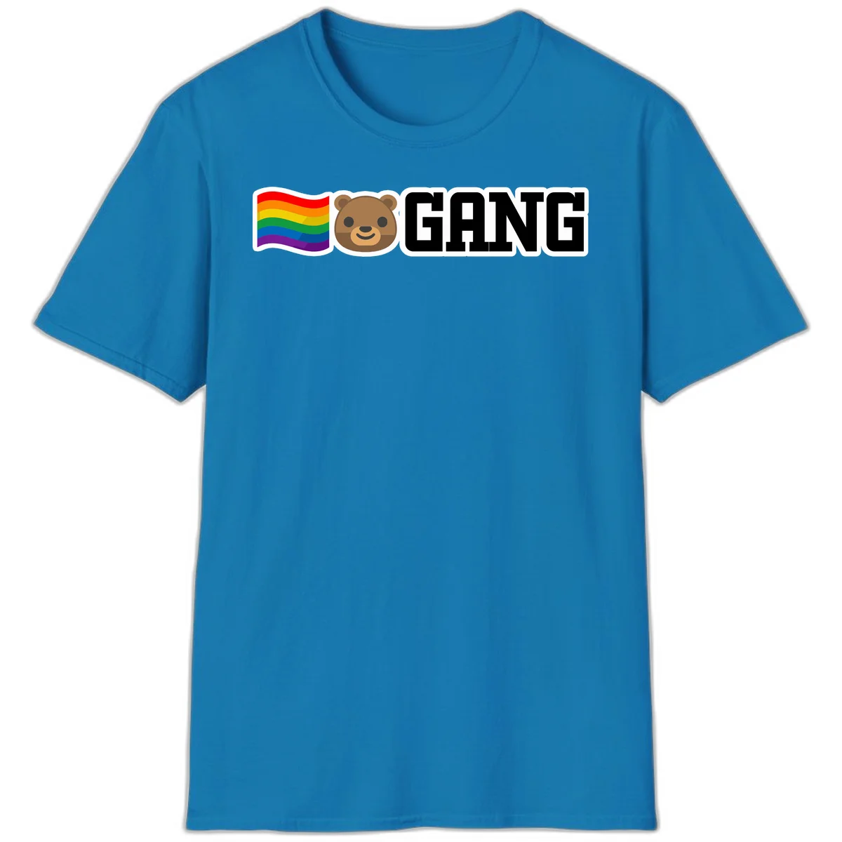 Bear gang pride design with rainbow flag, smiling bear face, and bold GANG text on gray background in Sapphire