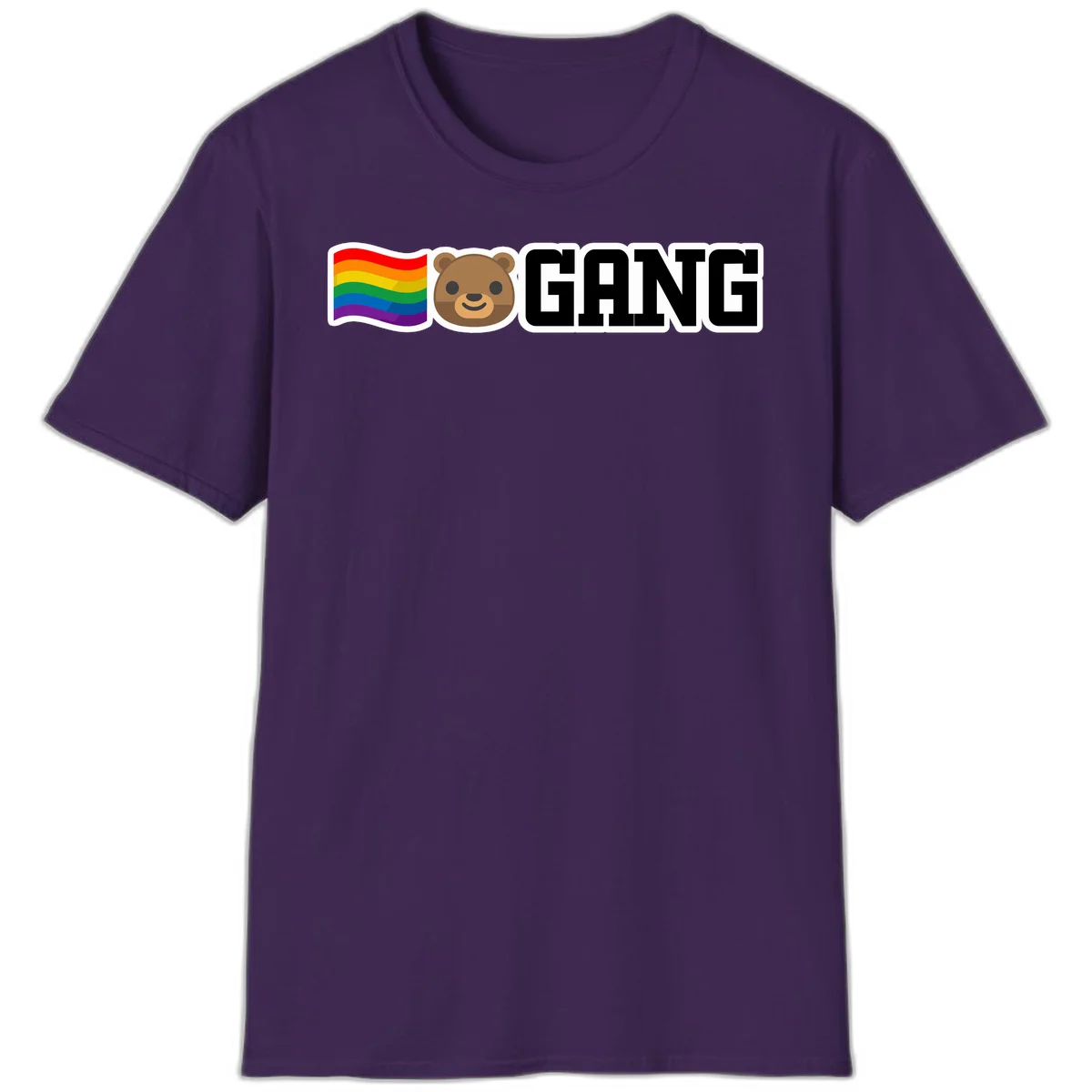 Bear gang pride design with rainbow flag, smiling bear face, and bold GANG text on gray background in Purple