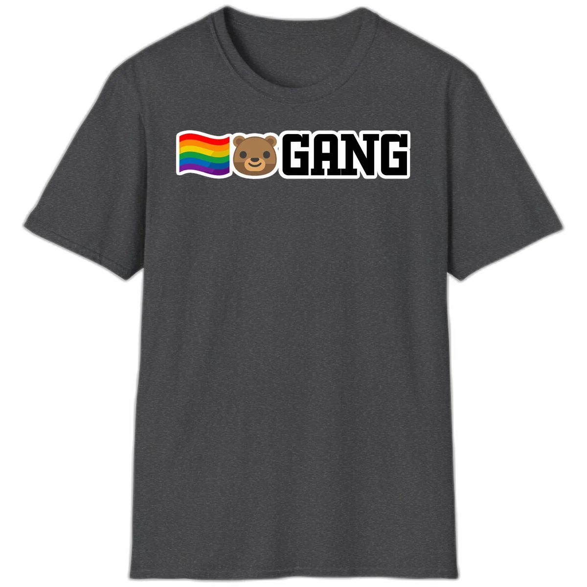 Bear gang pride design with rainbow flag, smiling bear face, and bold GANG text on gray background in Dark Heather