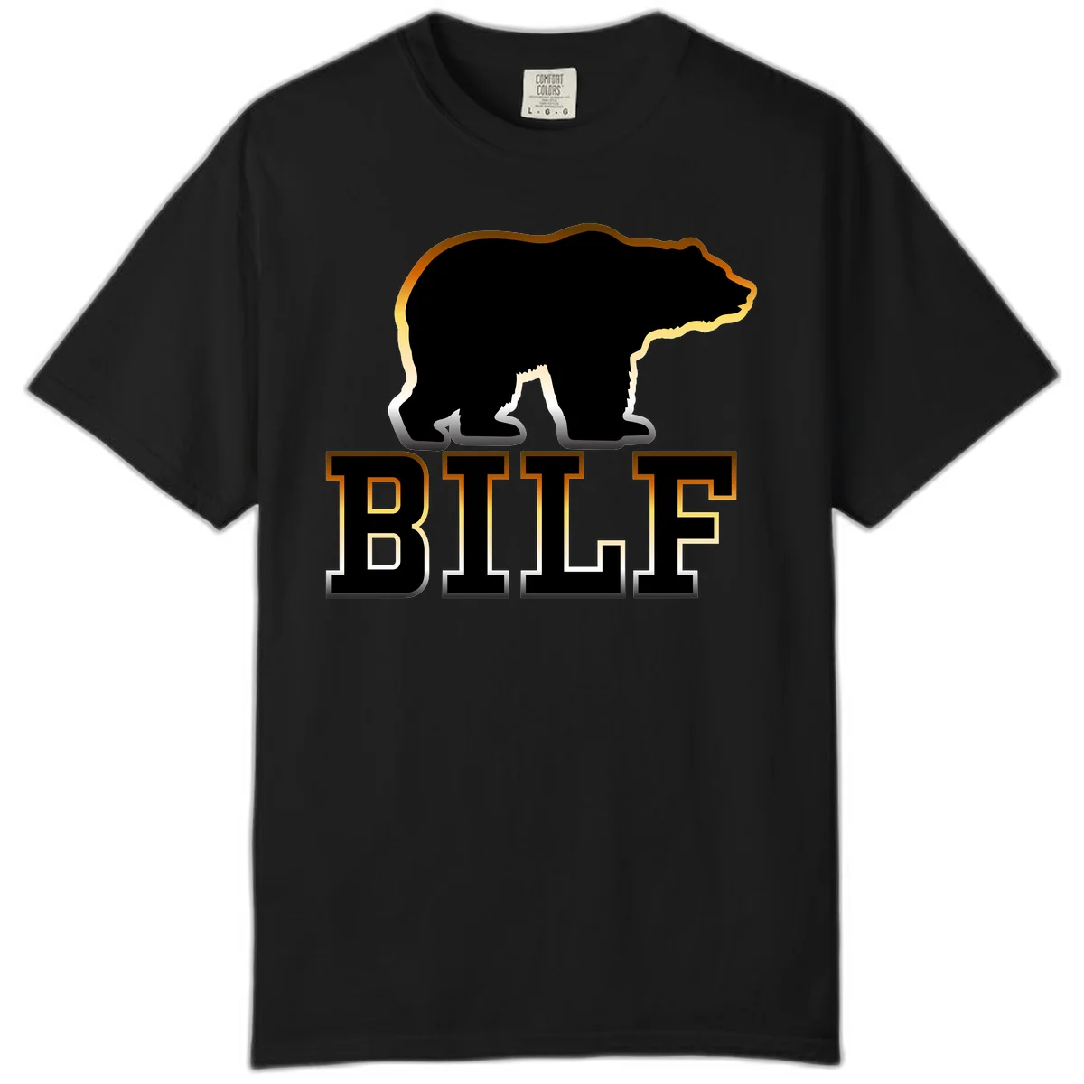 Black bear silhouette with golden outline above the word BITE in bold lettering on gray background in Black
