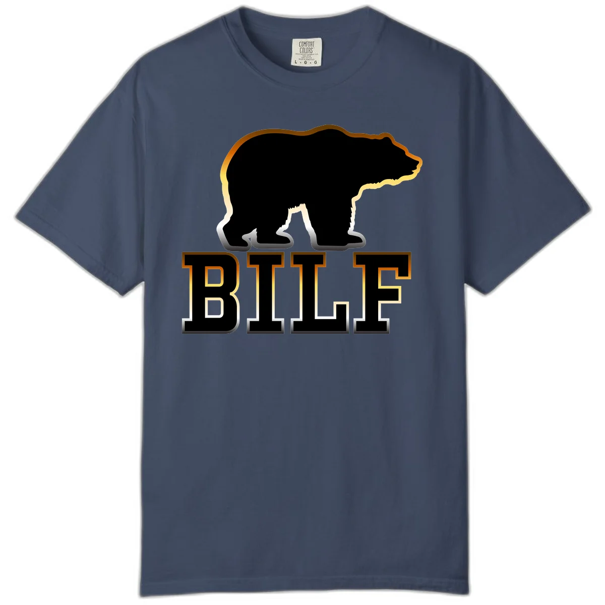 Black bear silhouette with golden outline above the word BITE in bold lettering on gray background in Midnight