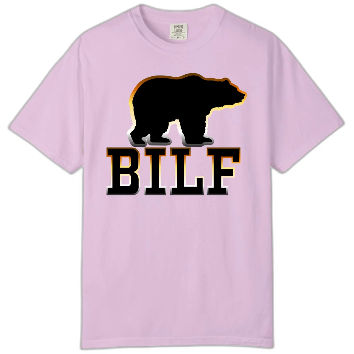 Black bear silhouette with golden outline above the word BITE in bold lettering on gray background in Orchid