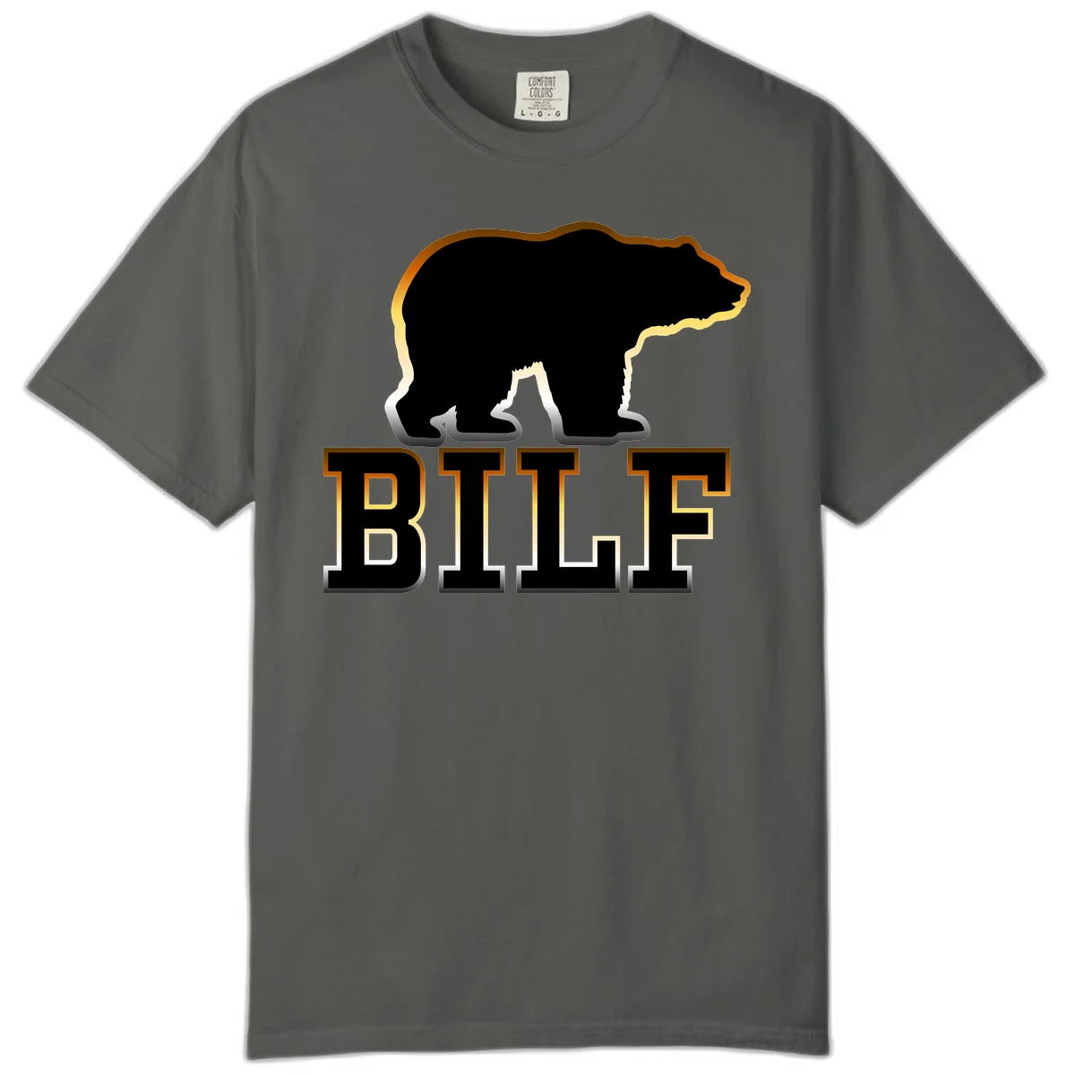 Black bear silhouette with golden outline above the word BITE in bold lettering on gray background in Pepper