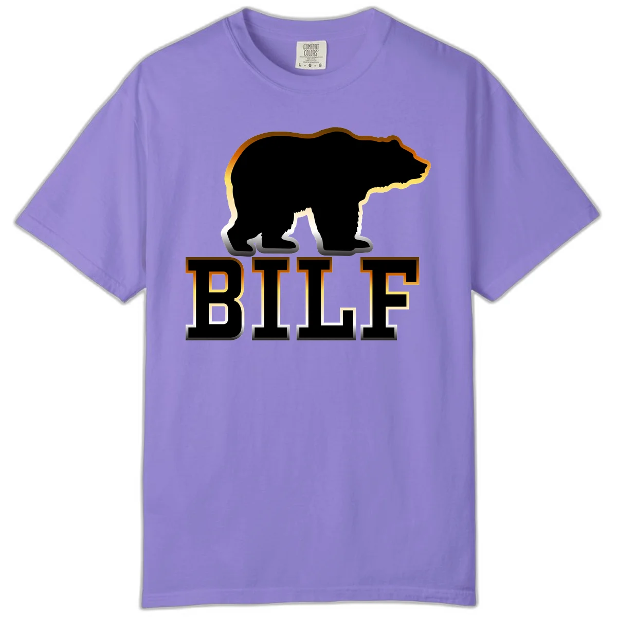 Black bear silhouette with golden outline above the word BITE in bold lettering on gray background in Violet