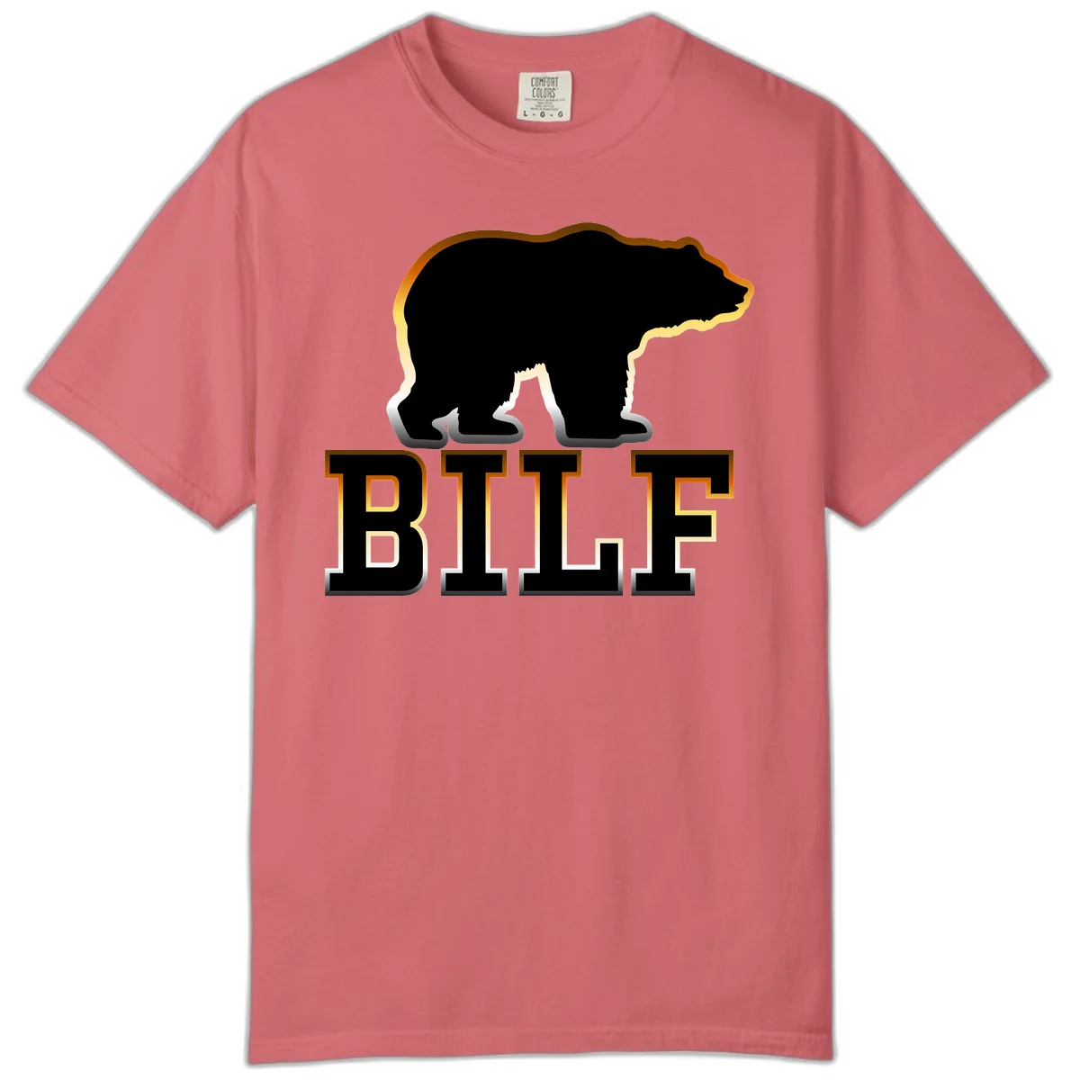 Black bear silhouette with golden outline above the word BITE in bold lettering on gray background in Watermelon