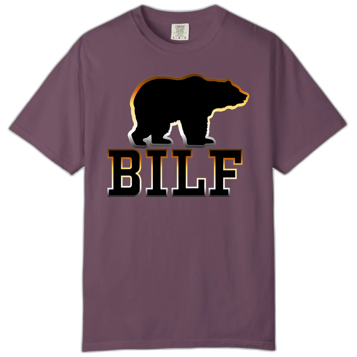Black bear silhouette with golden outline above the word BITE in bold lettering on gray background in Berry