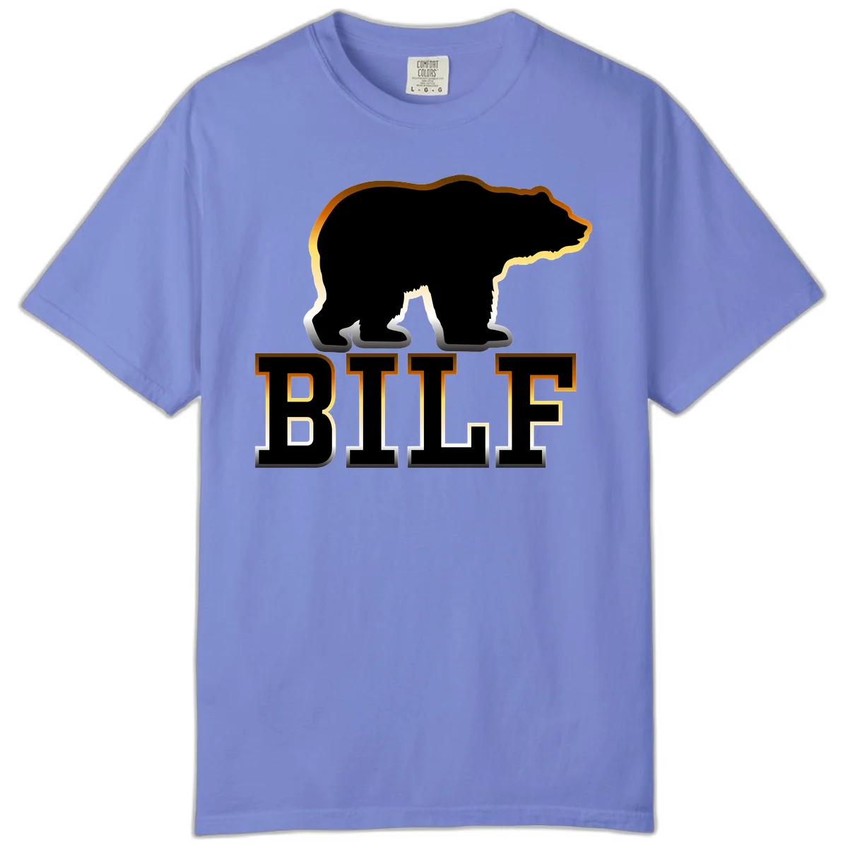 Black bear silhouette with golden outline above the word BITE in bold lettering on gray background in Flo Blue
