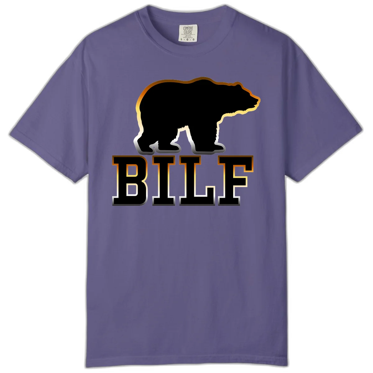 Black bear silhouette with golden outline above the word BITE in bold lettering on gray background in Grape