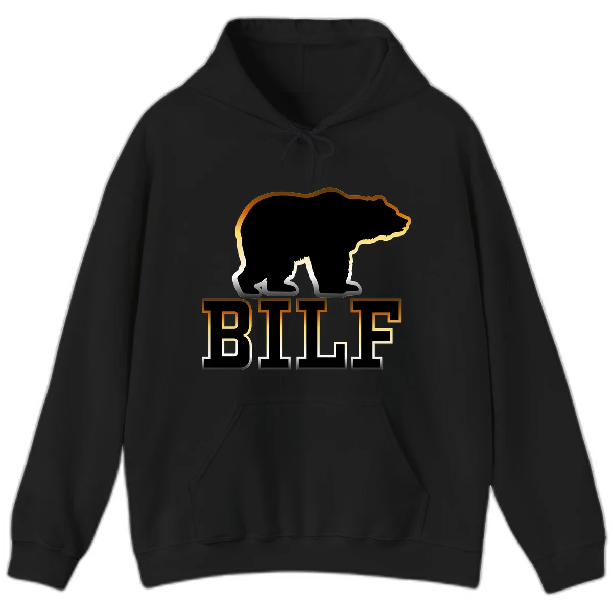 Black bear silhouette with golden outline above the word BITE in bold lettering on gray background in Black
