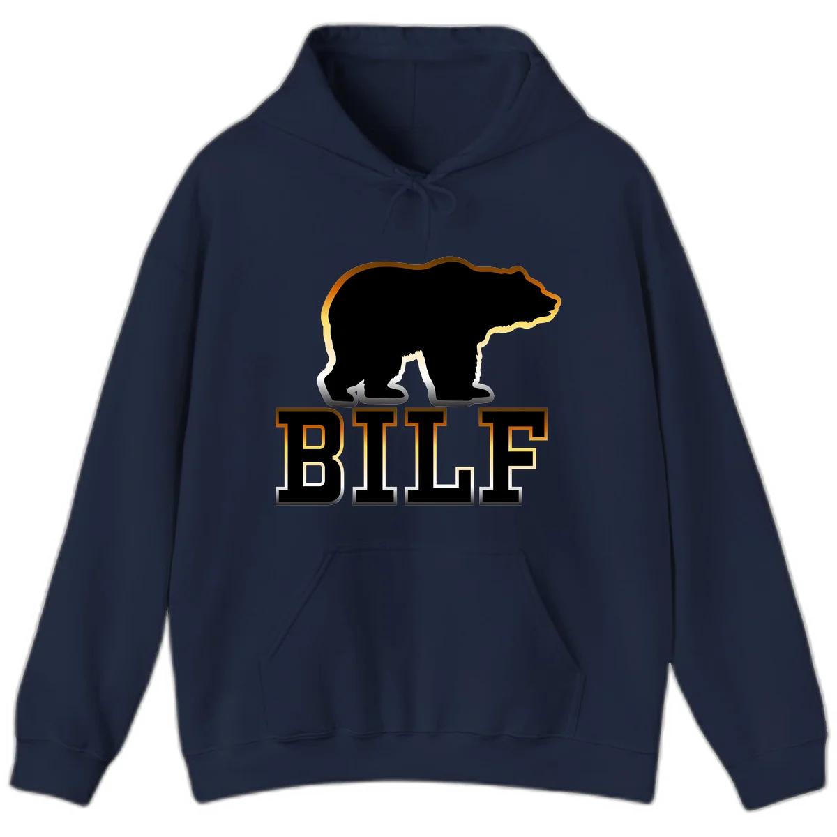 Black bear silhouette with golden outline above the word BITE in bold lettering on gray background in Navy