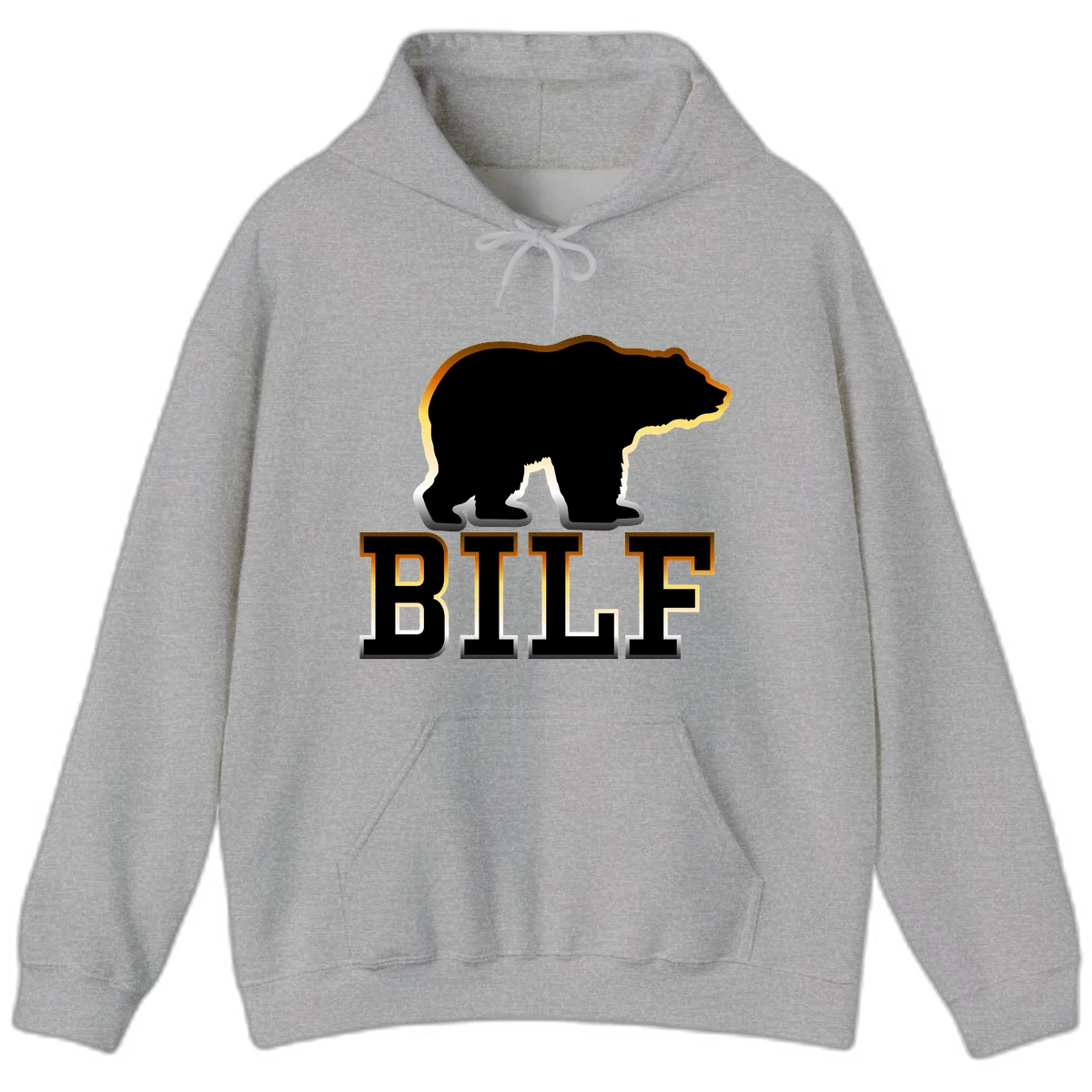 Black bear silhouette with golden outline above the word BITE in bold lettering on gray background in Sport Grey