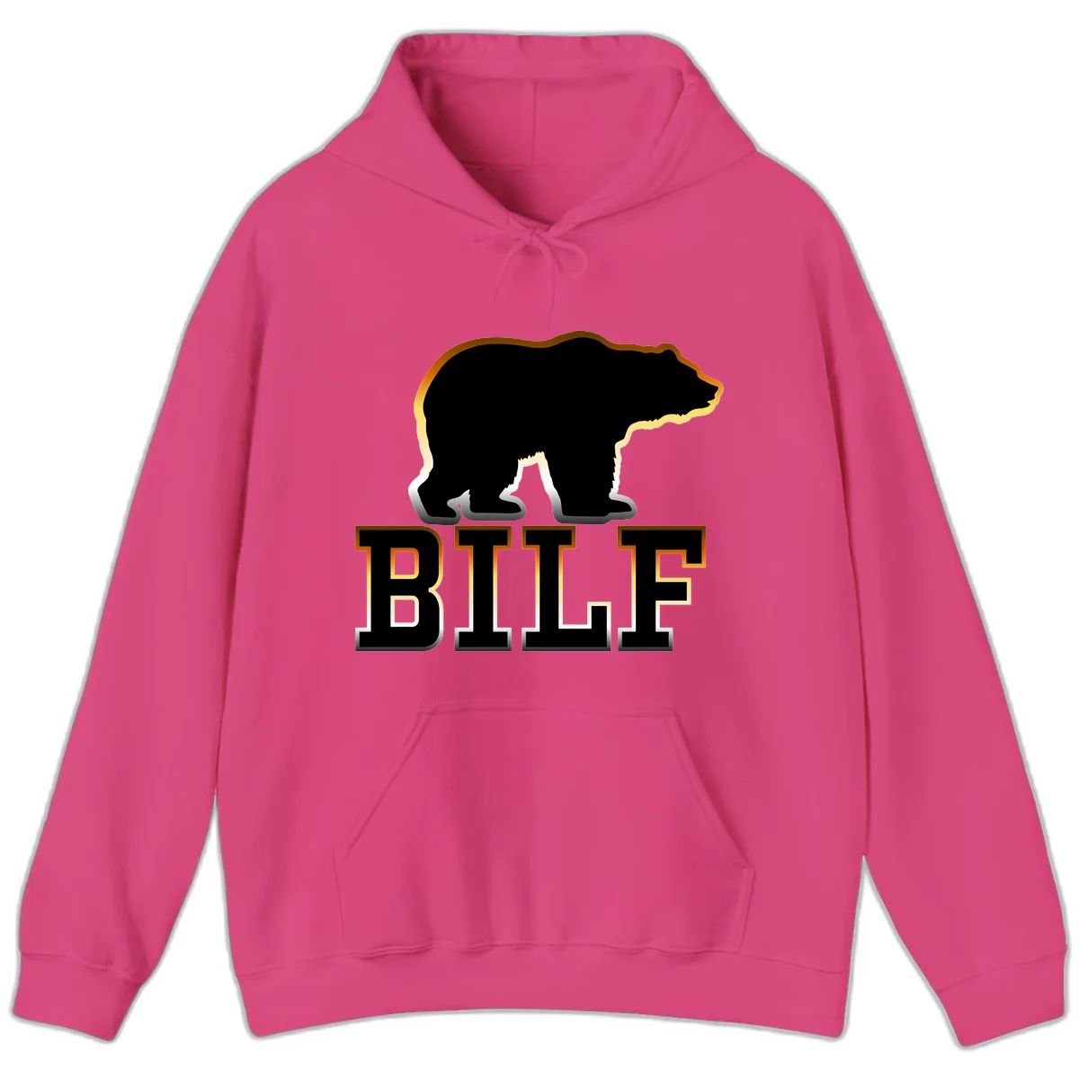 Black bear silhouette with golden outline above the word BITE in bold lettering on gray background in Heliconia