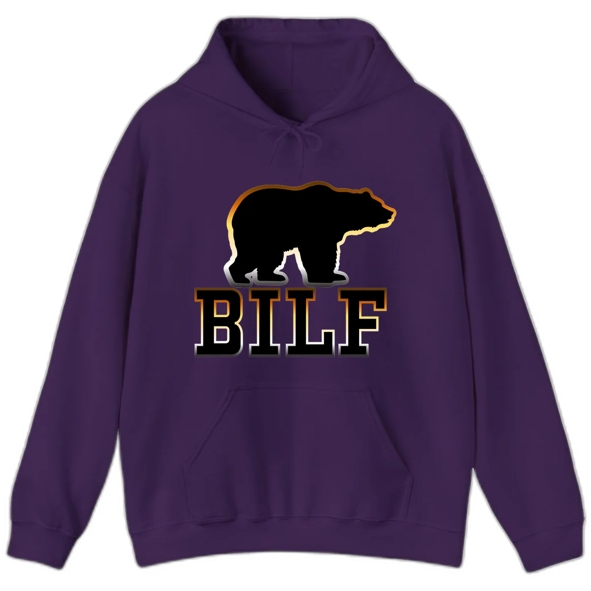 Black bear silhouette with golden outline above the word BITE in bold lettering on gray background in Purple