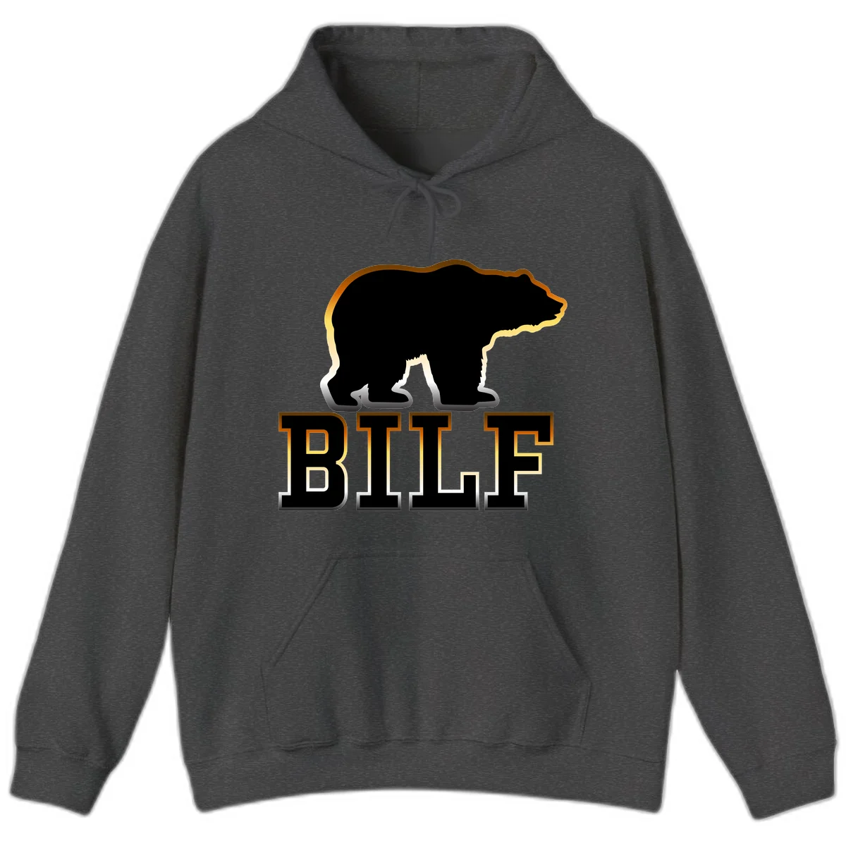 Black bear silhouette with golden outline above the word BITE in bold lettering on gray background in Dark Heather