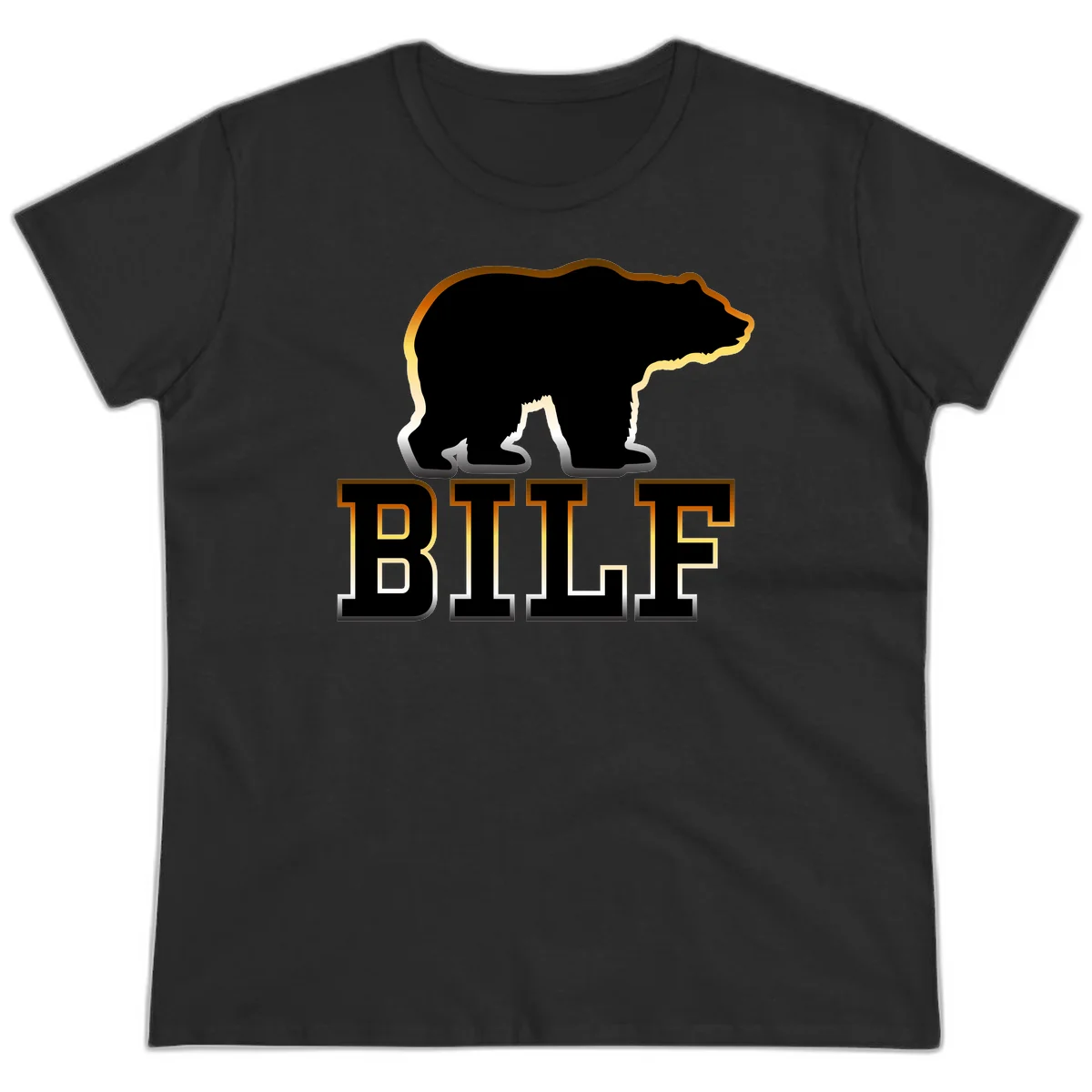 Black bear silhouette with golden outline above the word BITE in bold lettering on gray background in Black