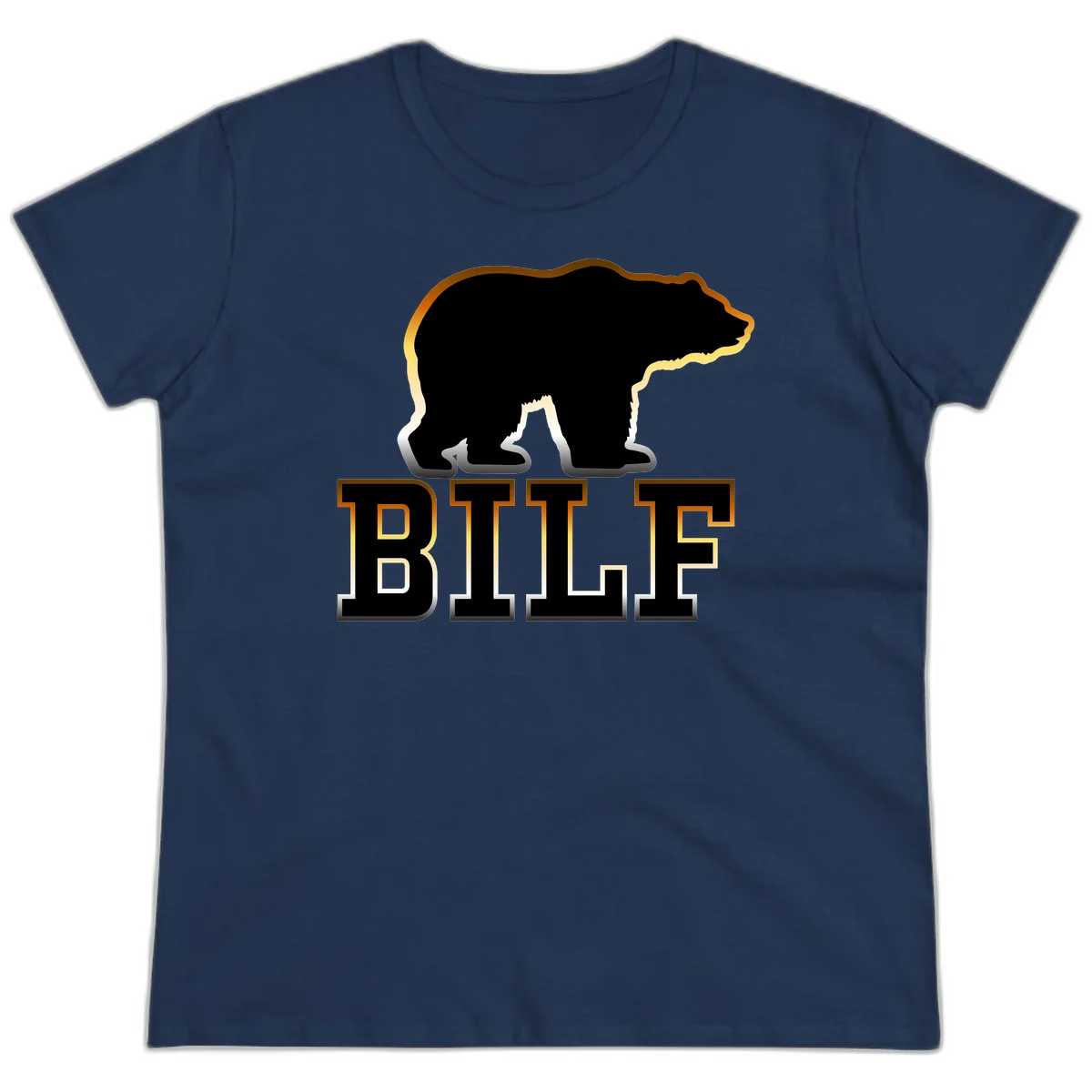 Black bear silhouette with golden outline above the word BITE in bold lettering on gray background in Navy