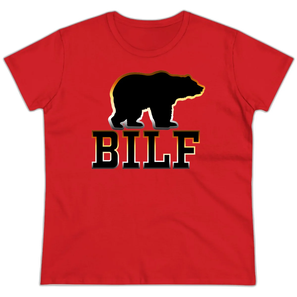 Black bear silhouette with golden outline above the word BITE in bold lettering on gray background in Red