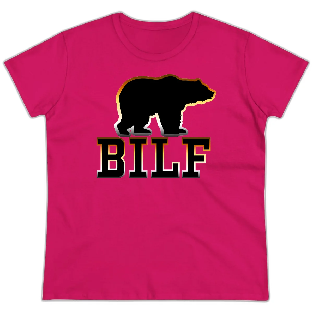Black bear silhouette with golden outline above the word BITE in bold lettering on gray background in Heliconia