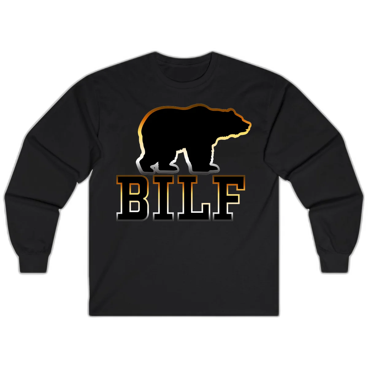 Black bear silhouette with golden outline above the word BITE in bold lettering on gray background in Black