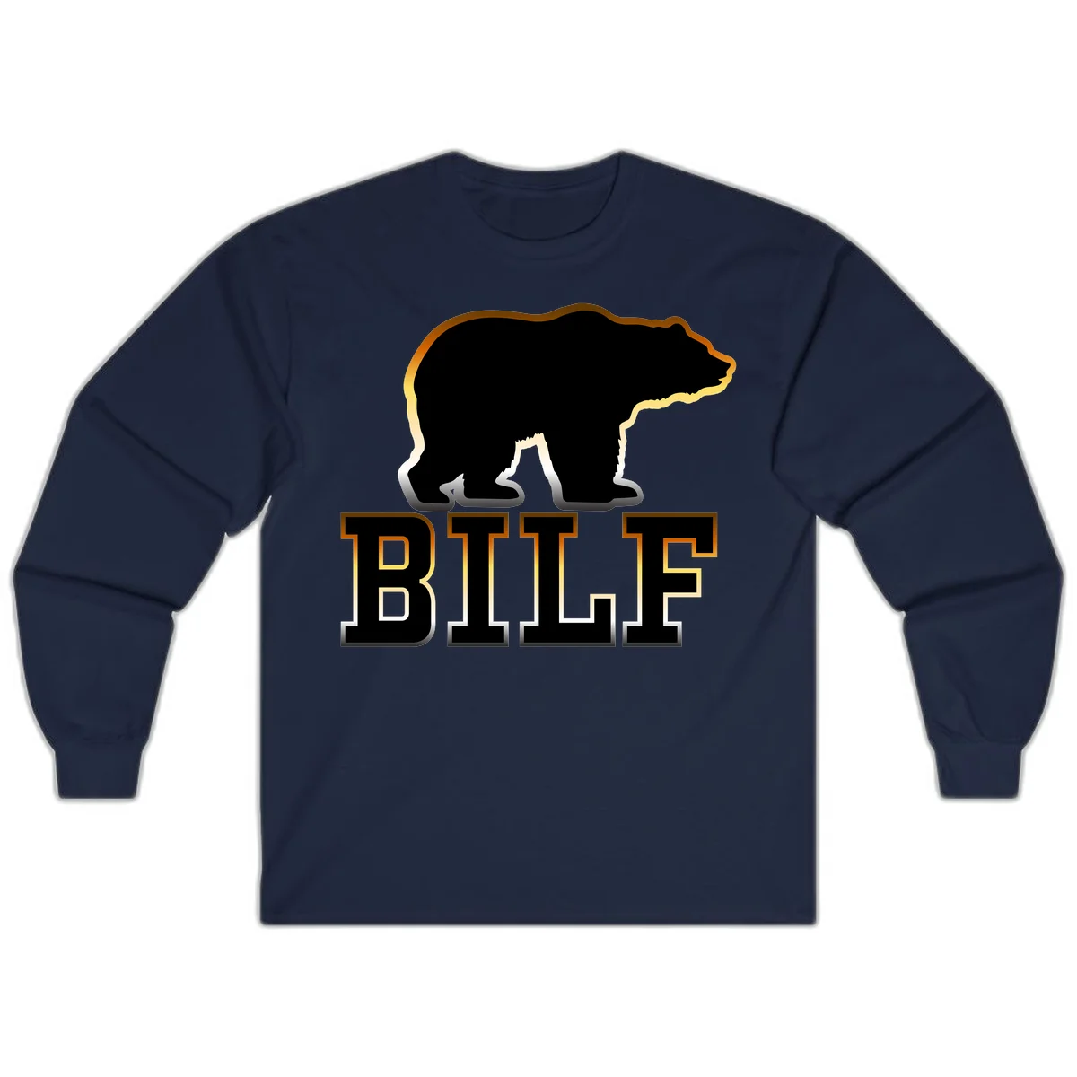 Black bear silhouette with golden outline above the word BITE in bold lettering on gray background in Navy