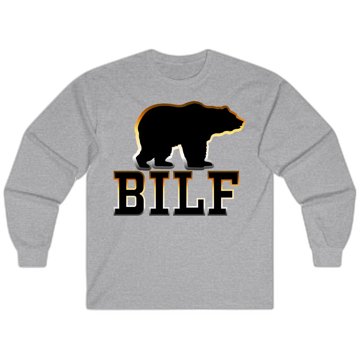 Black bear silhouette with golden outline above the word BITE in bold lettering on gray background in Sport Grey