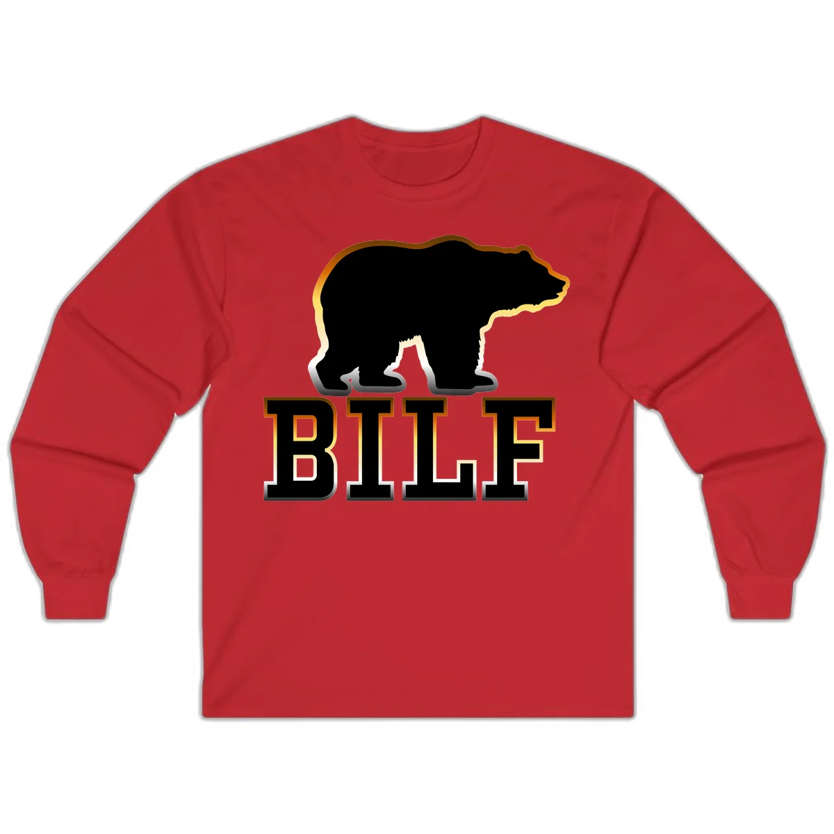 Black bear silhouette with golden outline above the word BITE in bold lettering on gray background in Red