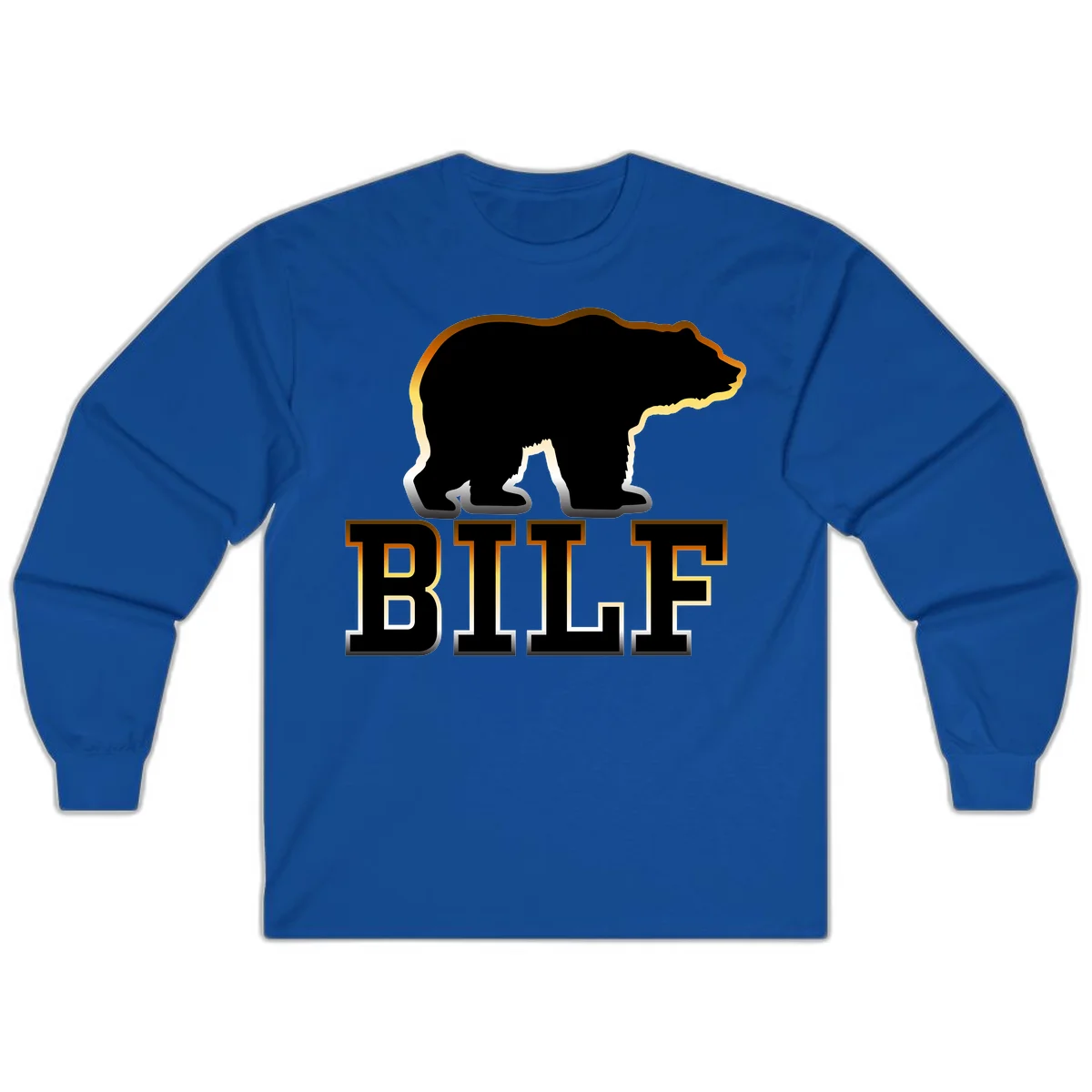 Black bear silhouette with golden outline above the word BITE in bold lettering on gray background in Royal
