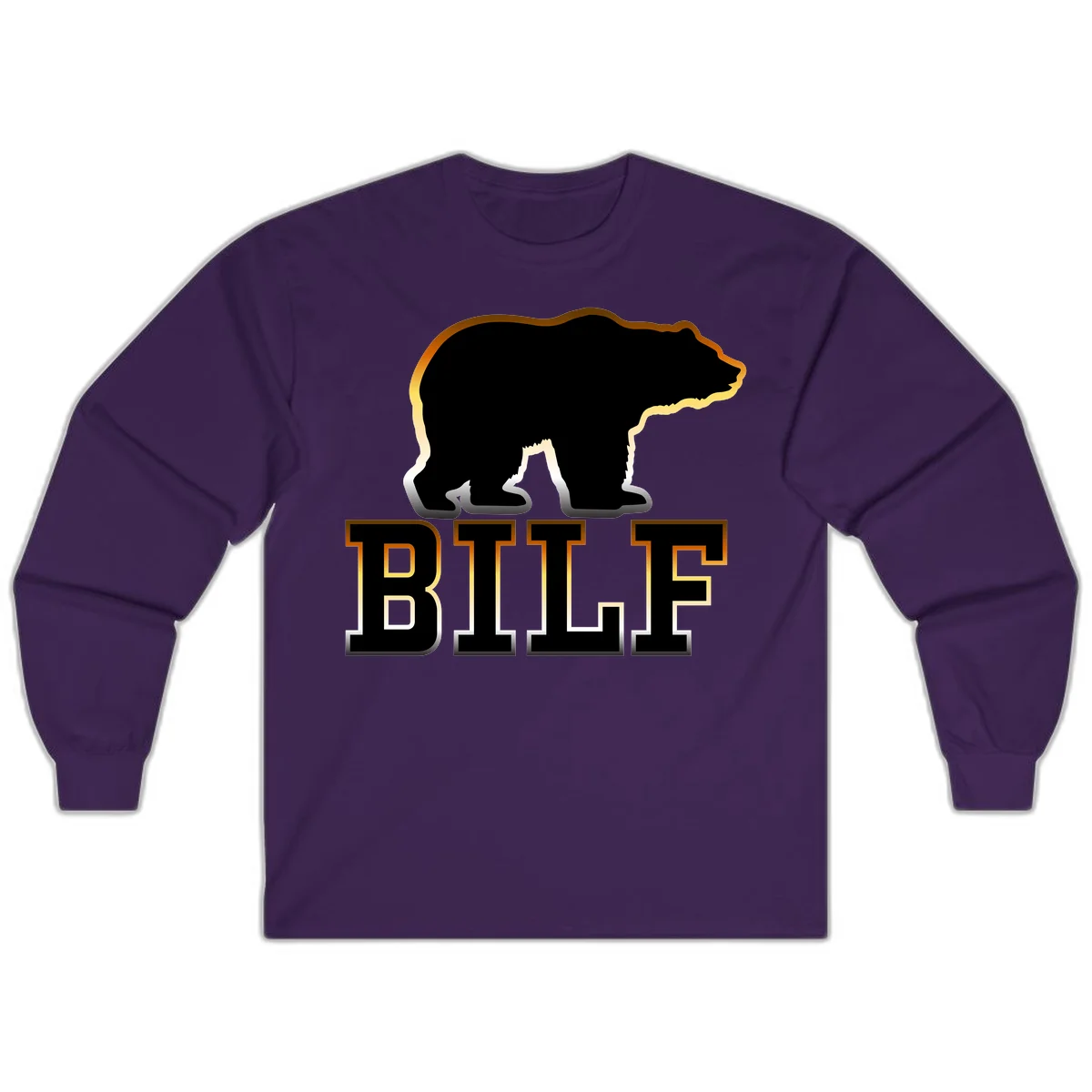 Black bear silhouette with golden outline above the word BITE in bold lettering on gray background in Purple