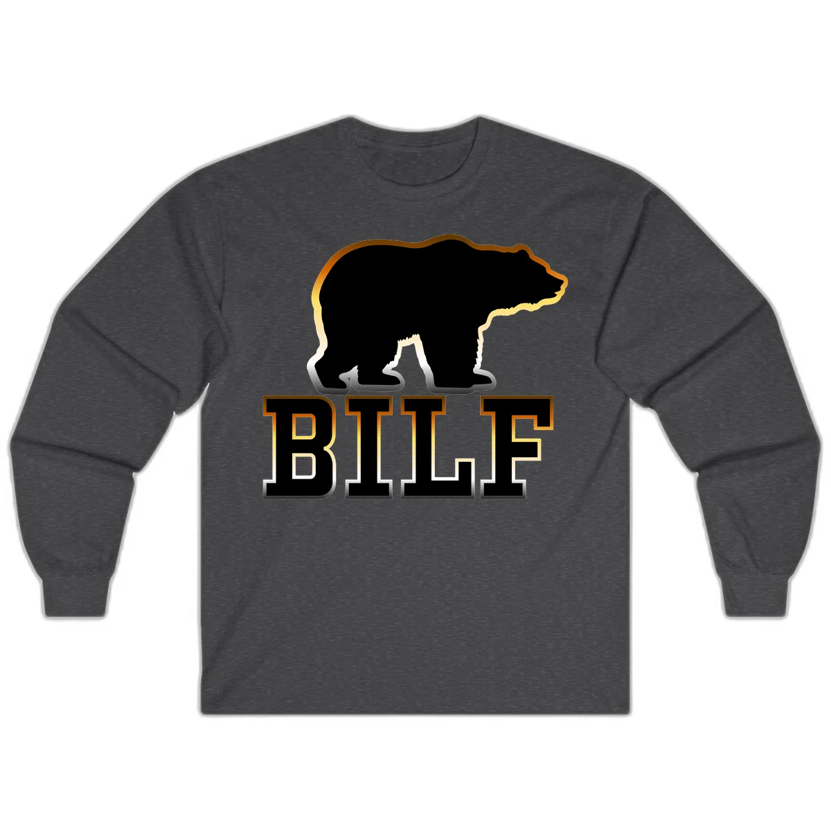 Black bear silhouette with golden outline above the word BITE in bold lettering on gray background in Dark Heather
