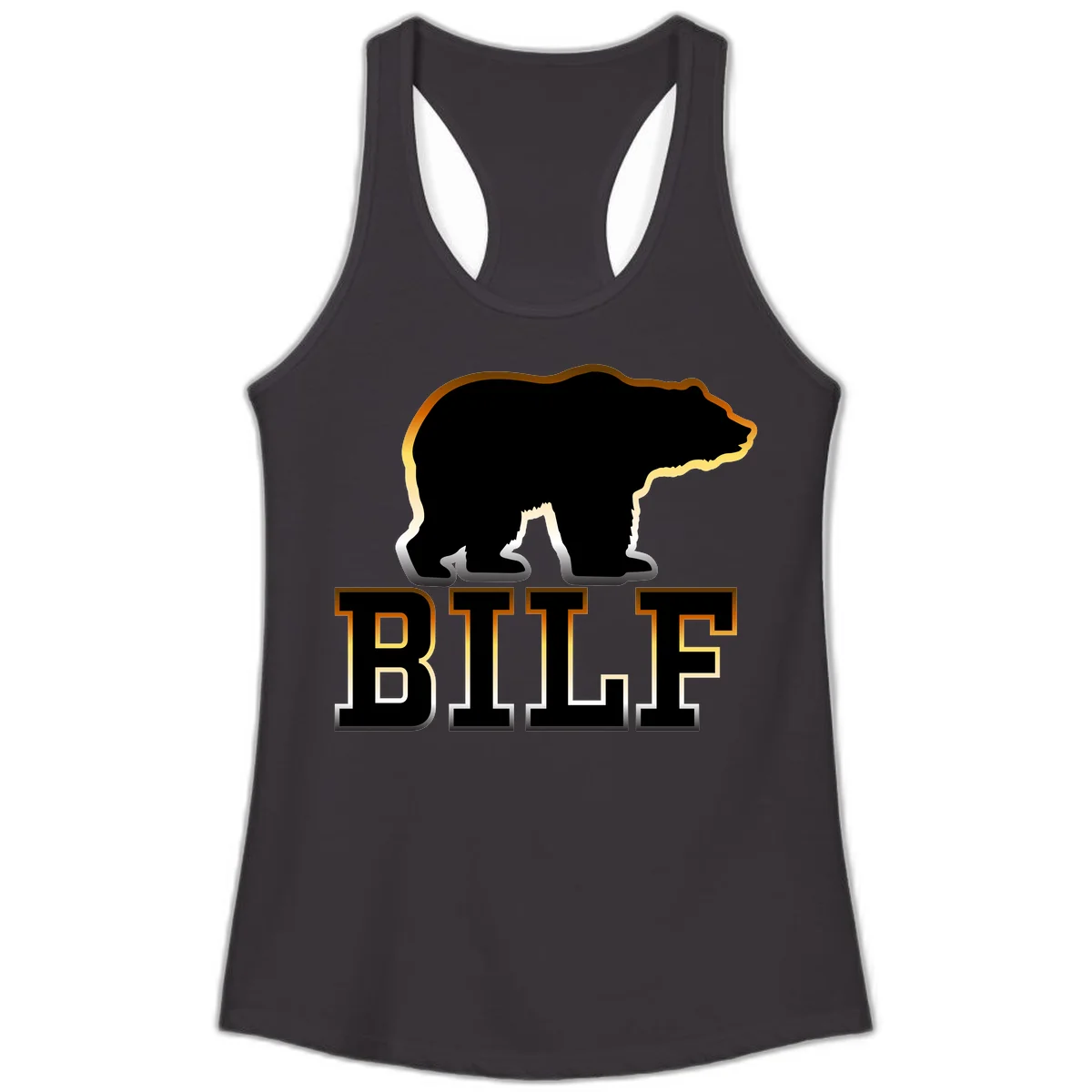 Black bear silhouette with golden outline above the word BITE in bold lettering on gray background in Black
