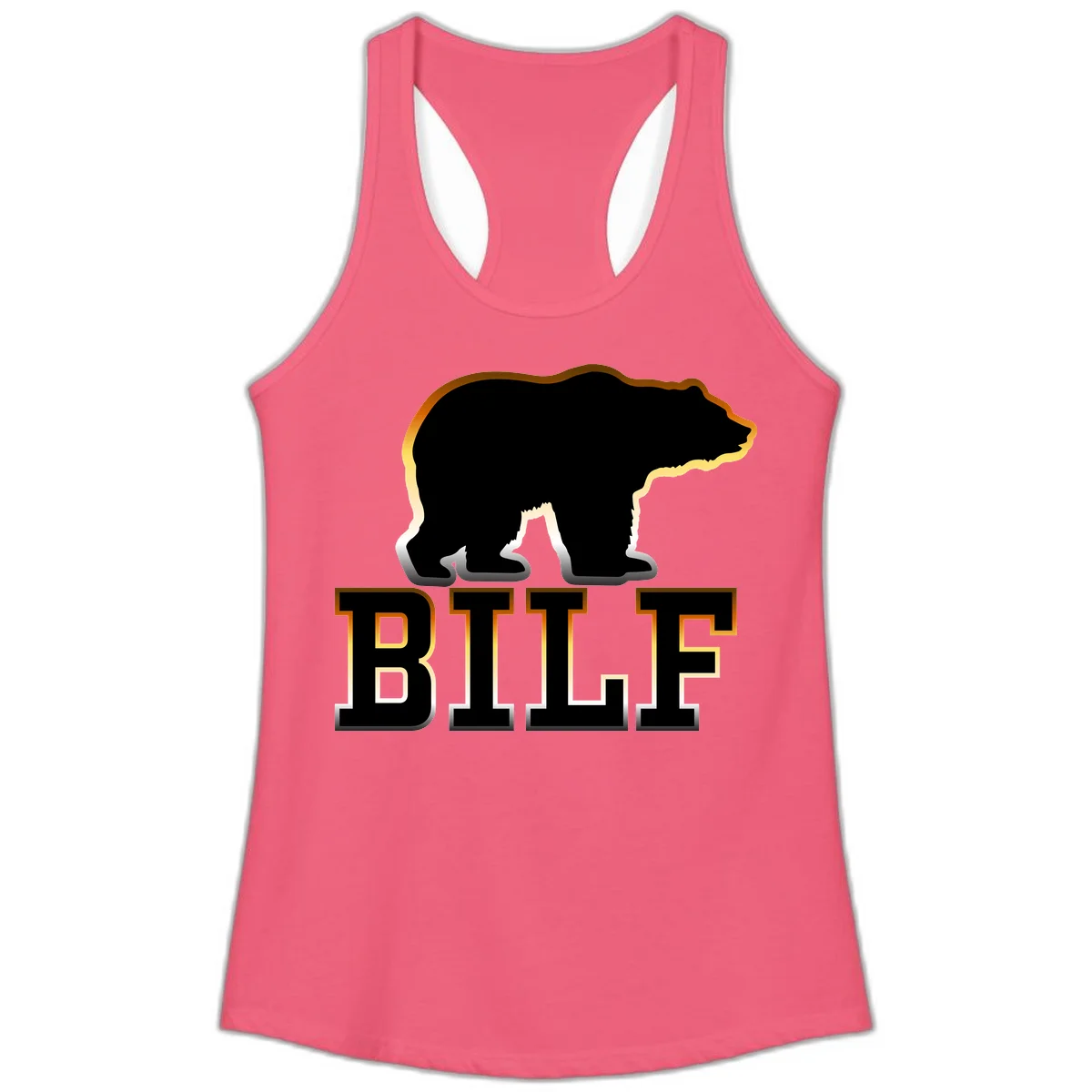 Black bear silhouette with golden outline above the word BITE in bold lettering on gray background in Hot Pink
