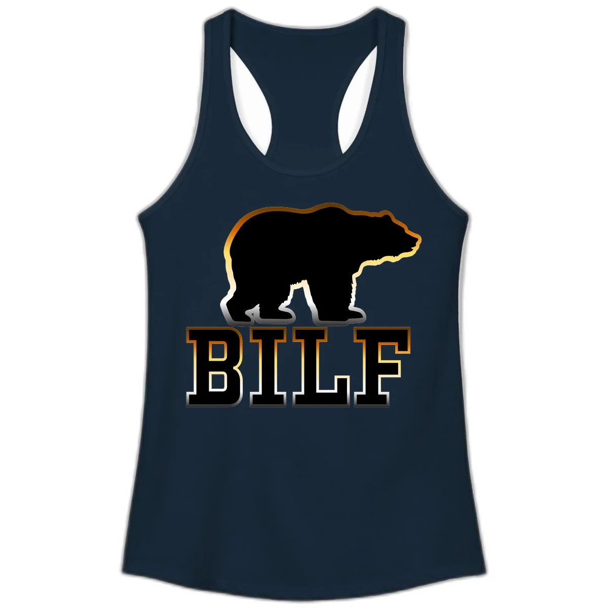 Black bear silhouette with golden outline above the word BITE in bold lettering on gray background in Solid Midnight Navy