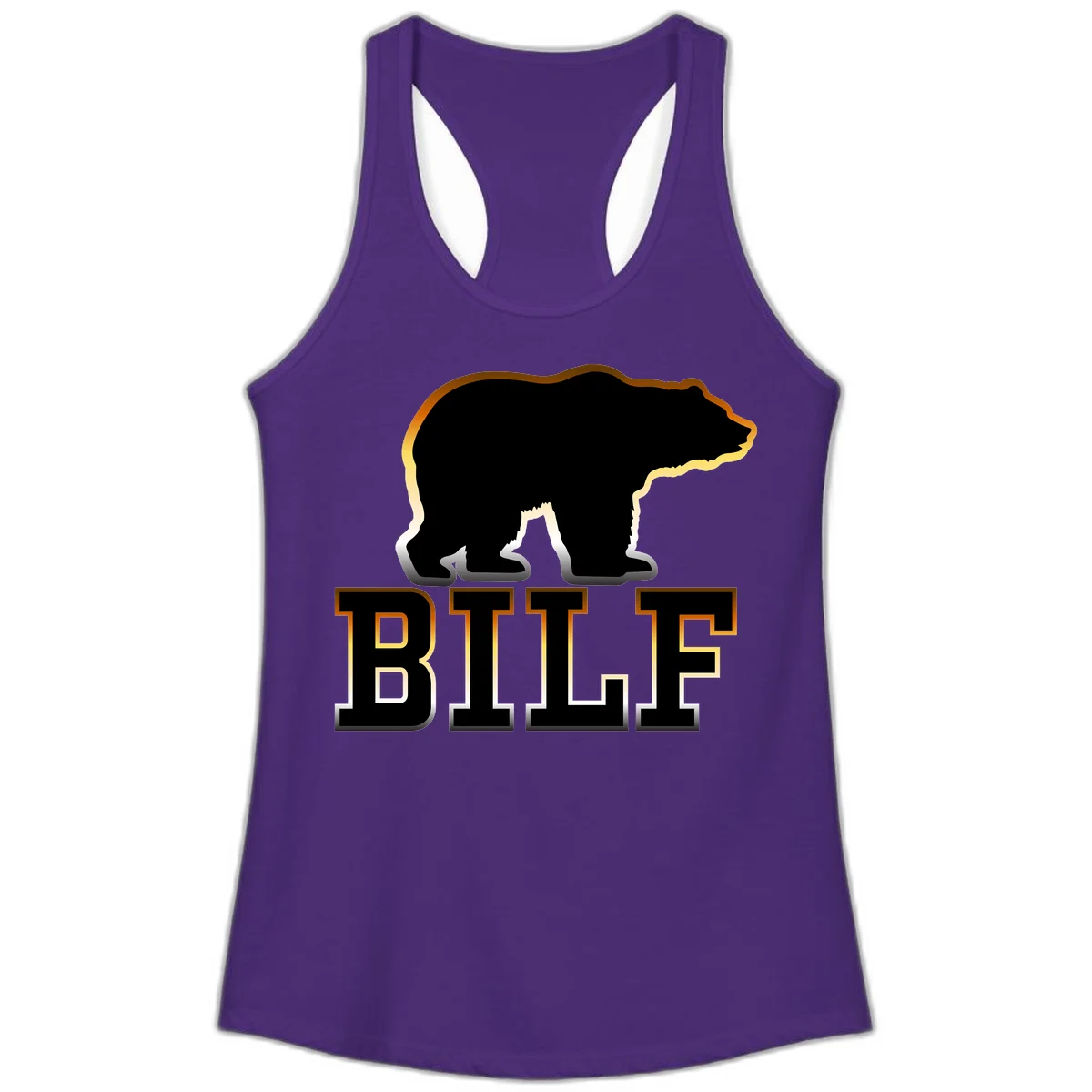 Black bear silhouette with golden outline above the word BITE in bold lettering on gray background in Solid Purple Rush